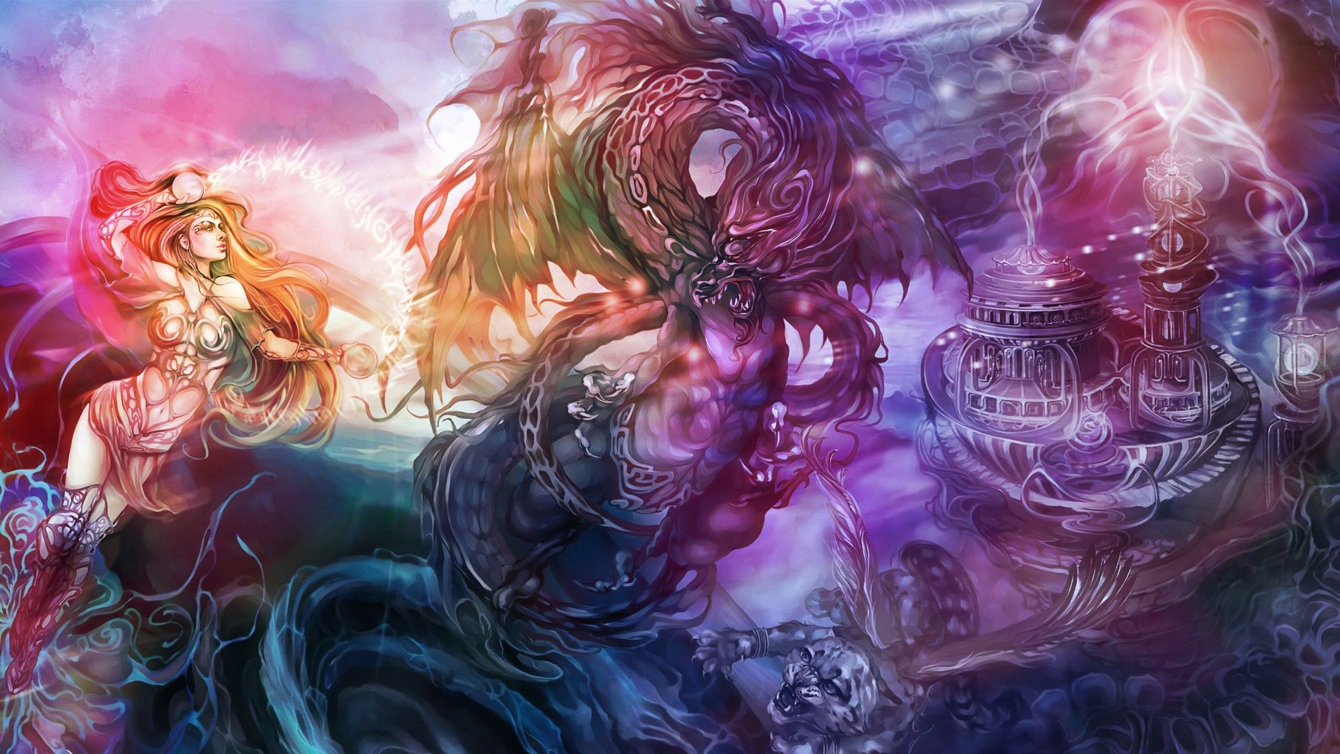 Fantasy art dragon magic women females girls castle dark wallpaperx1080