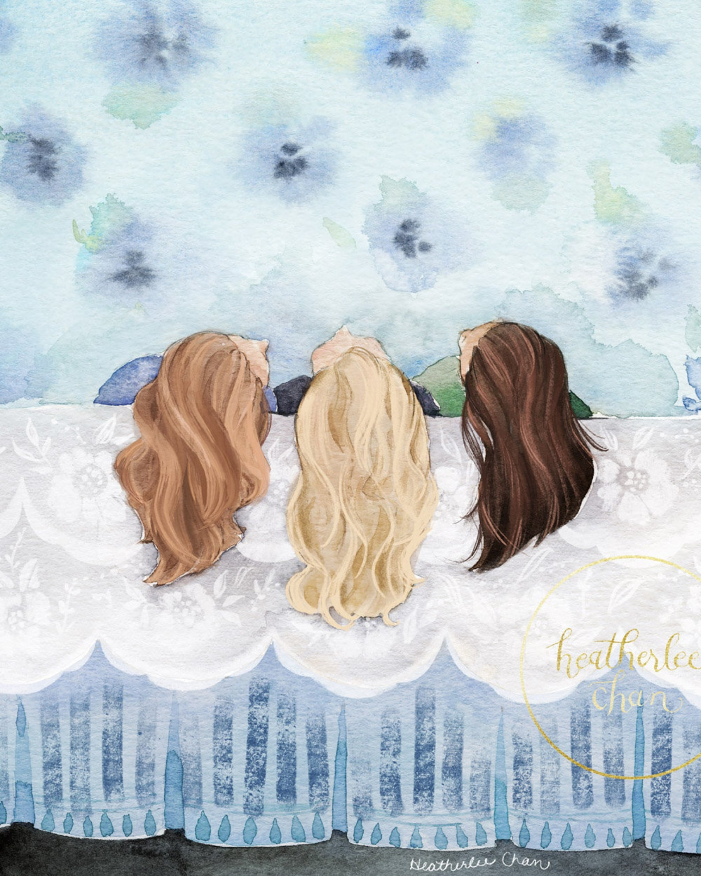 Three Best Friends. Three Sisters Art Watercolor Painting. Etsy. © Heatherlee Chan. Drawings of friends, Sisters art, Best friend drawings