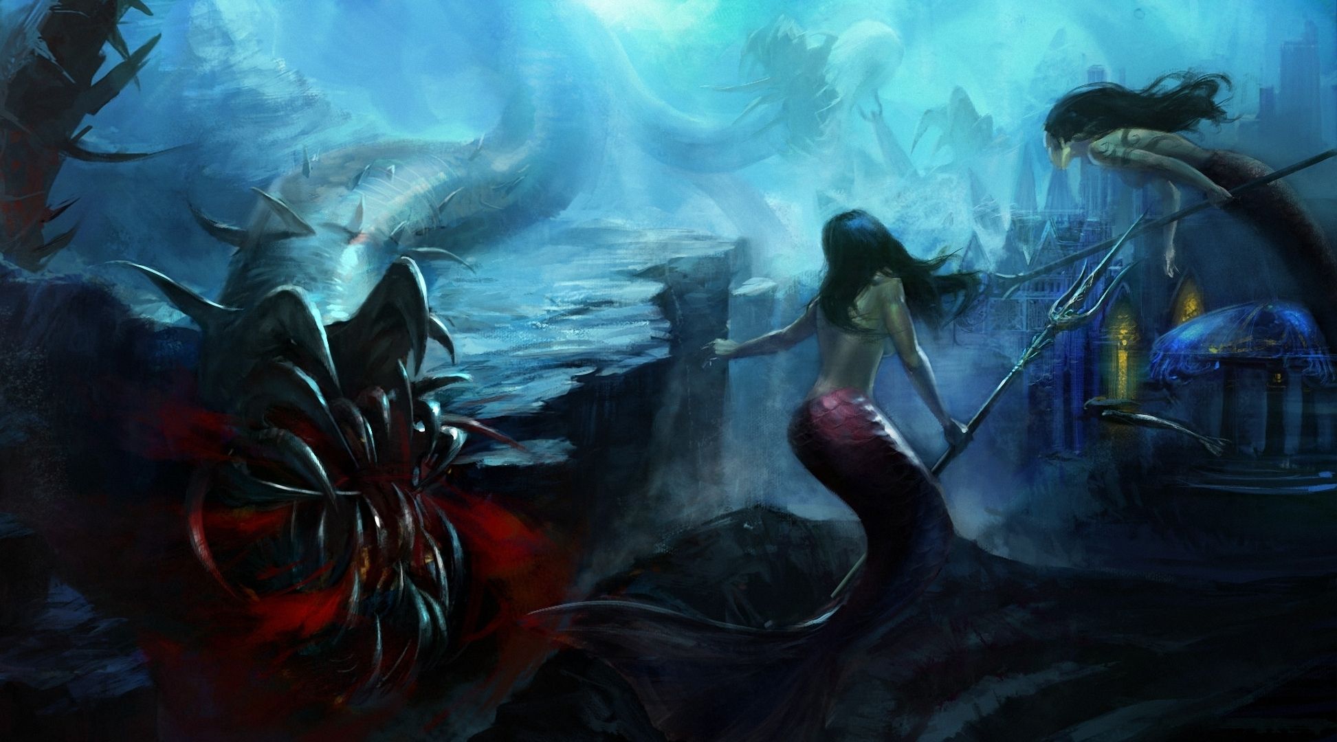 Fantasy art mermaids underwater monster dark weapons wallpaperx1080