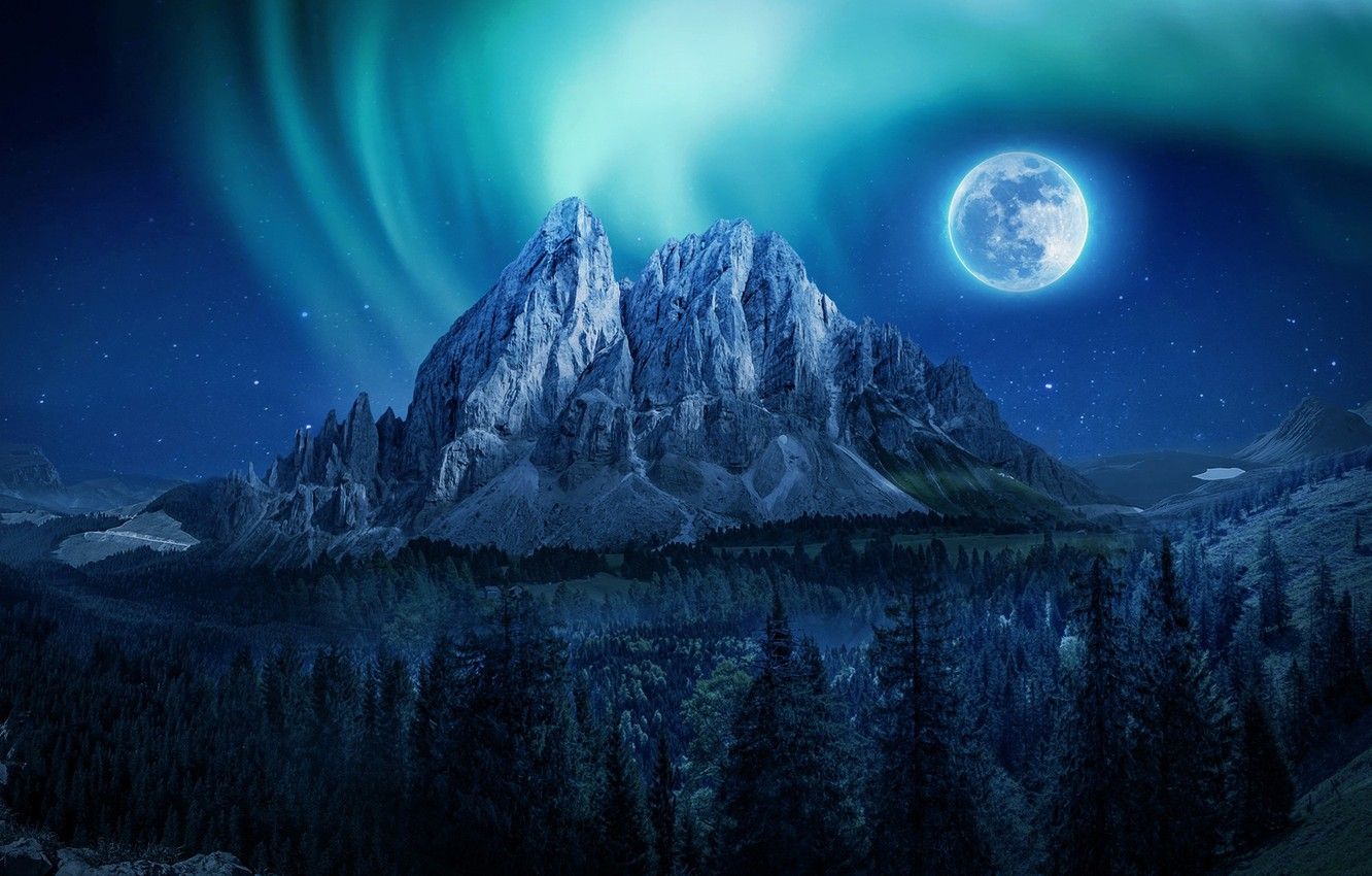 Wallpaper forest, the sky, stars, mountains, night, the moon image for desktop, section природа