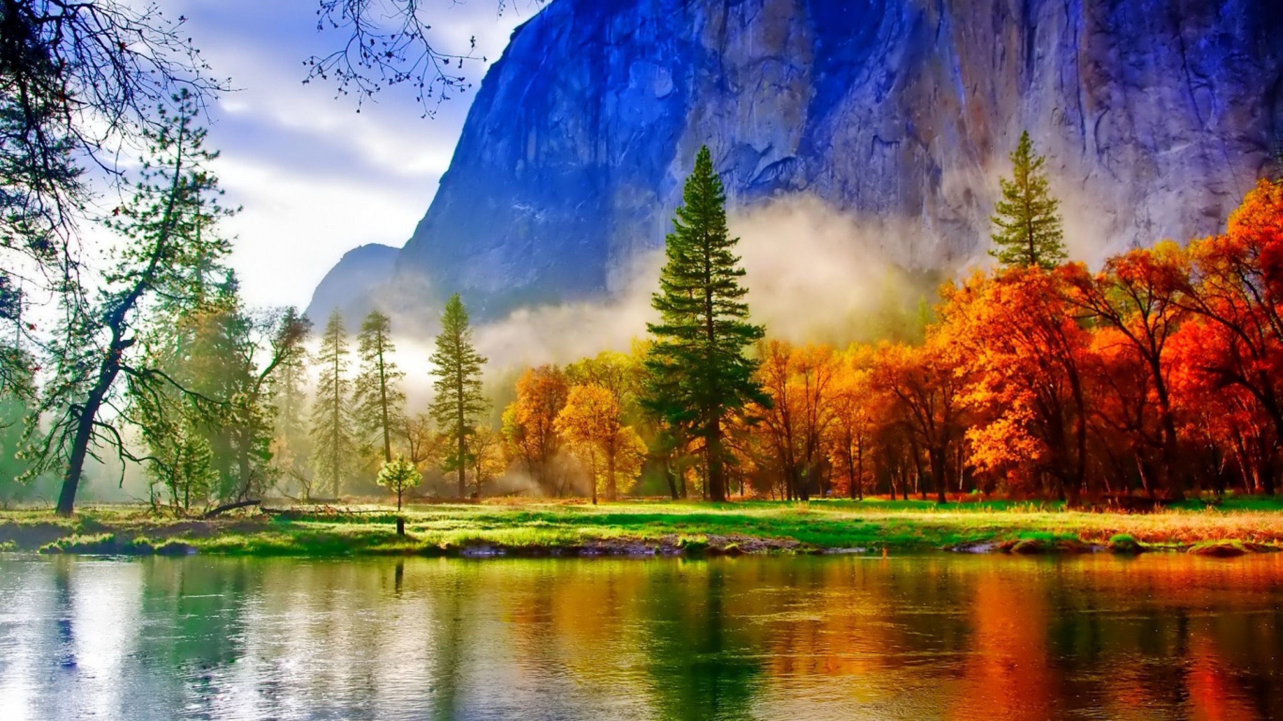 Landscape Autumn Colored Trees Lake Mountagne River Green, Wallpaper13.com