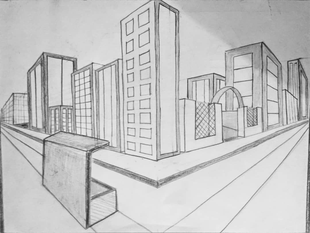 two point perspective sketching city view. Perspective drawing architecture, Perspective drawing, 2 point perspective drawing