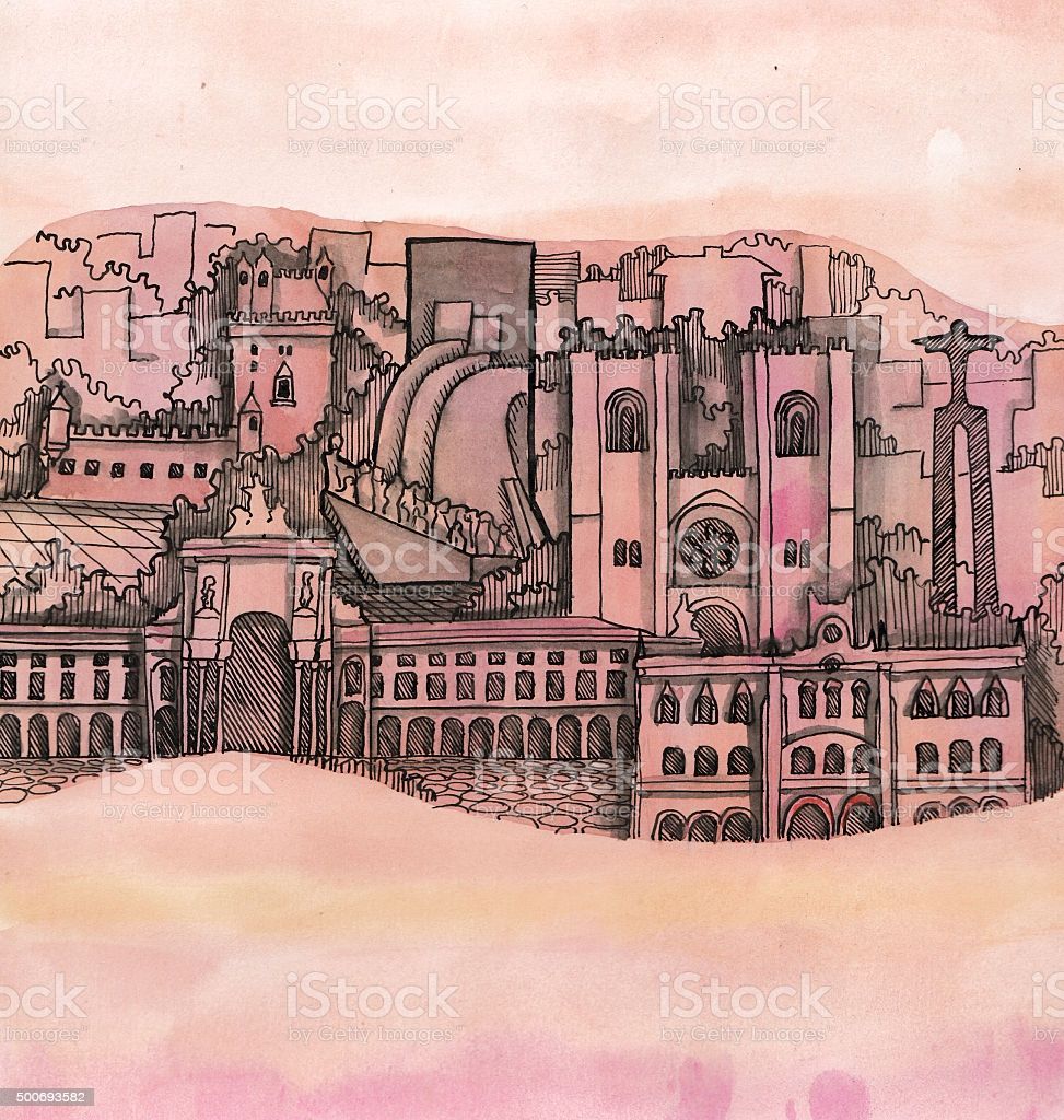 The Panoramic View Of Lisbon City Hand Drawn Stock Illustration Image Now