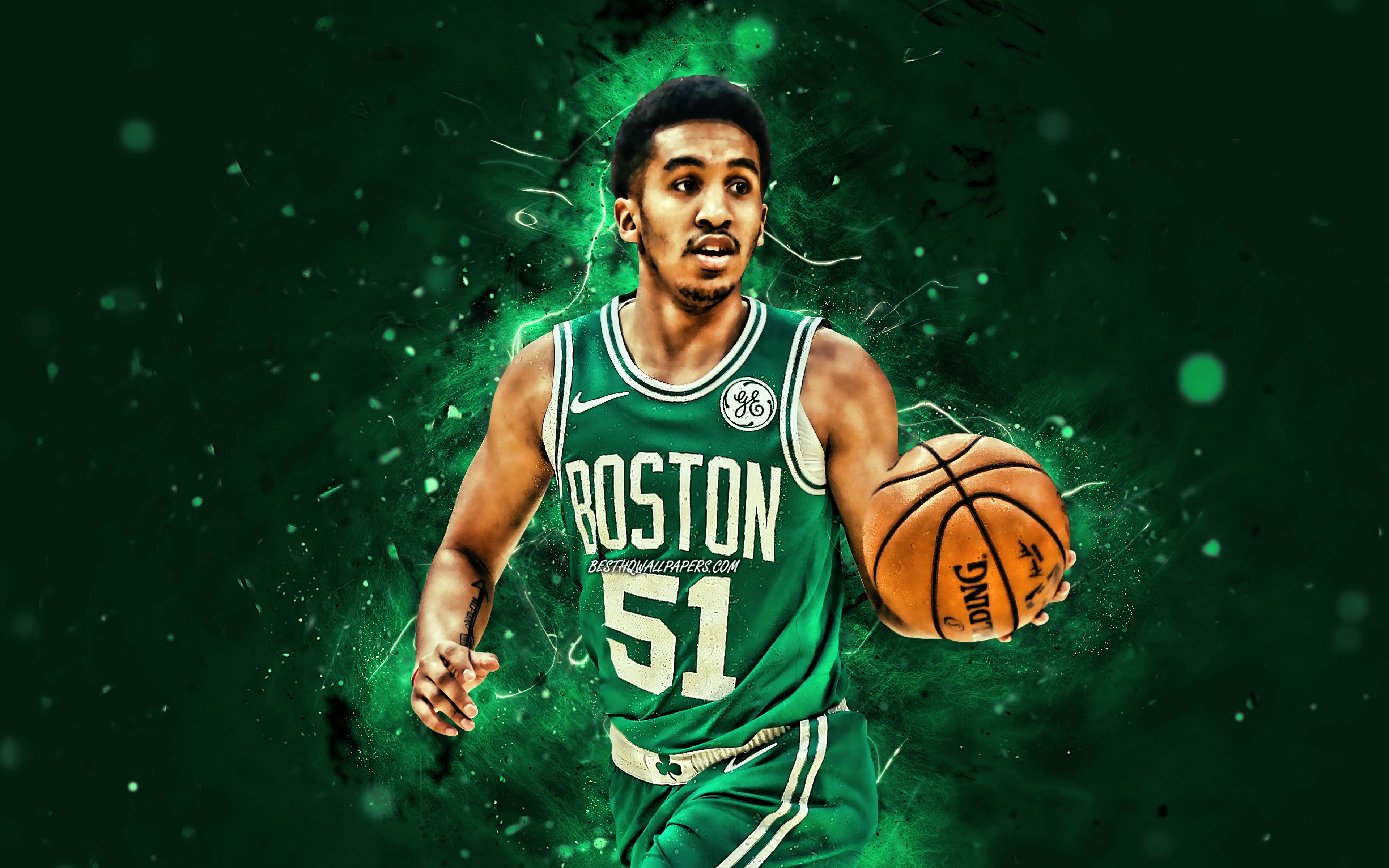 Download wallpaper Tremont Waters, 4k, Boston Celtics, NBA, basketball, green neon lights, USA, Tremont Waters Boston Celtics, creative, Tremont Waters 4K for desktop with resolution 3840x2400. High Quality HD picture wallpaper