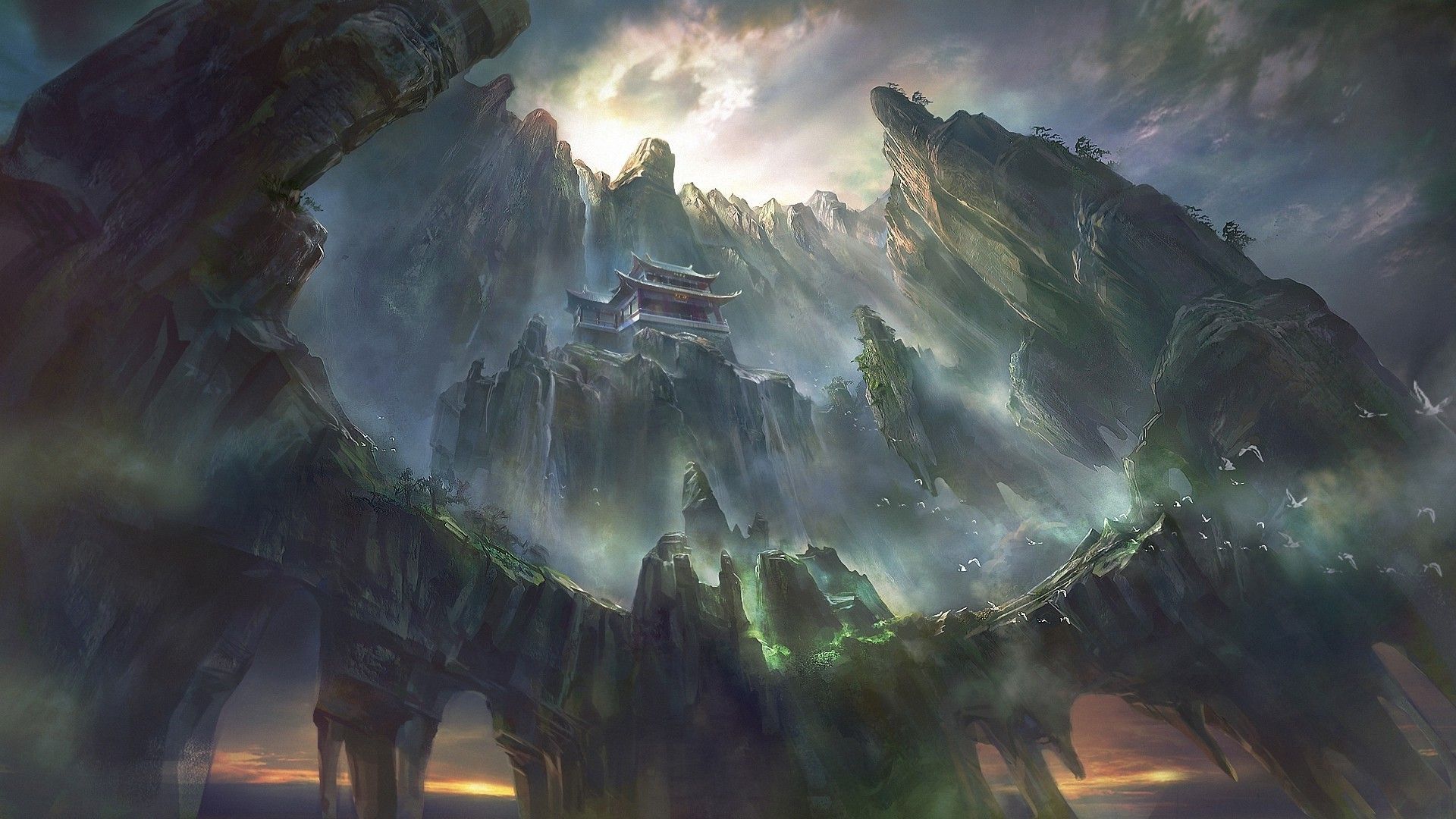artwork, Fantasy Art, Pagoda, Asian Architecture, Mountain, Waterfall, Digital Art, Rock Formation Wallpaper HD / Desktop and Mobile Background