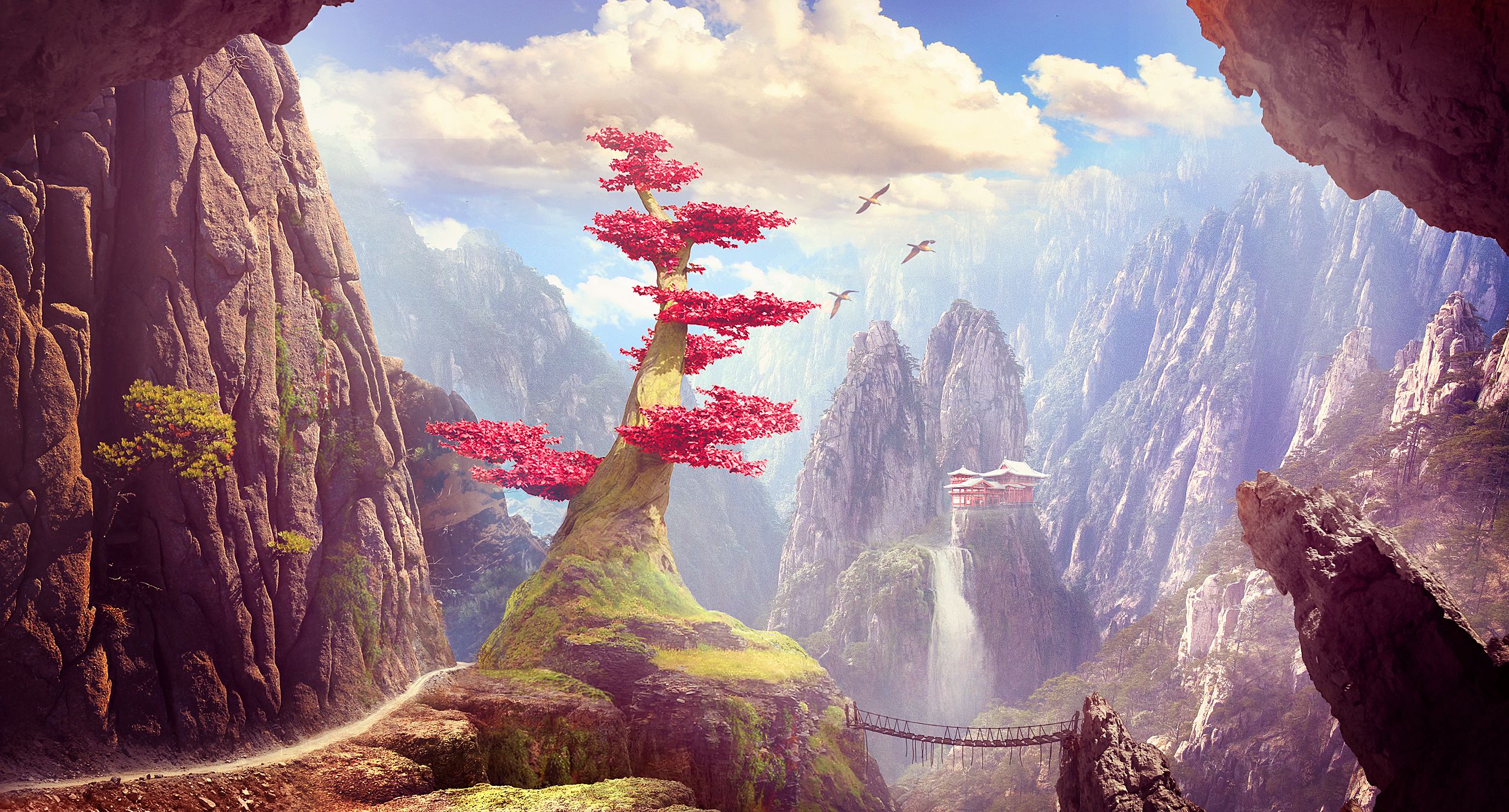Mountain Tree Temple Fantasy Art, HD Artist, 4k Wallpaper, Image, Background, Photo and Picture