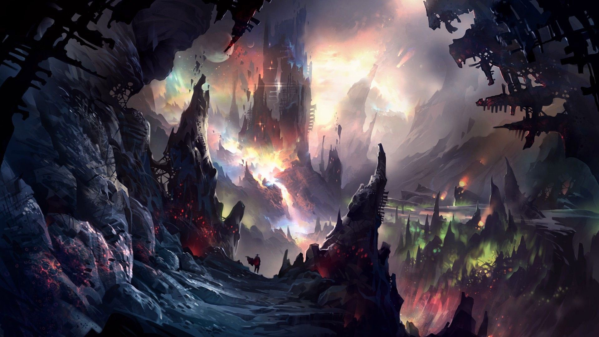 castle, cave, mountains, fantasy art, artwork wallpaper