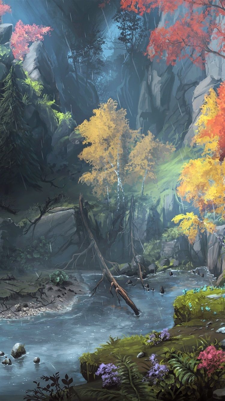 Fantasy Art Painting, Mountains, Trees, Autumn 750x1334 IPhone 8 7 6 6S Wallpaper, Background, Picture, Image