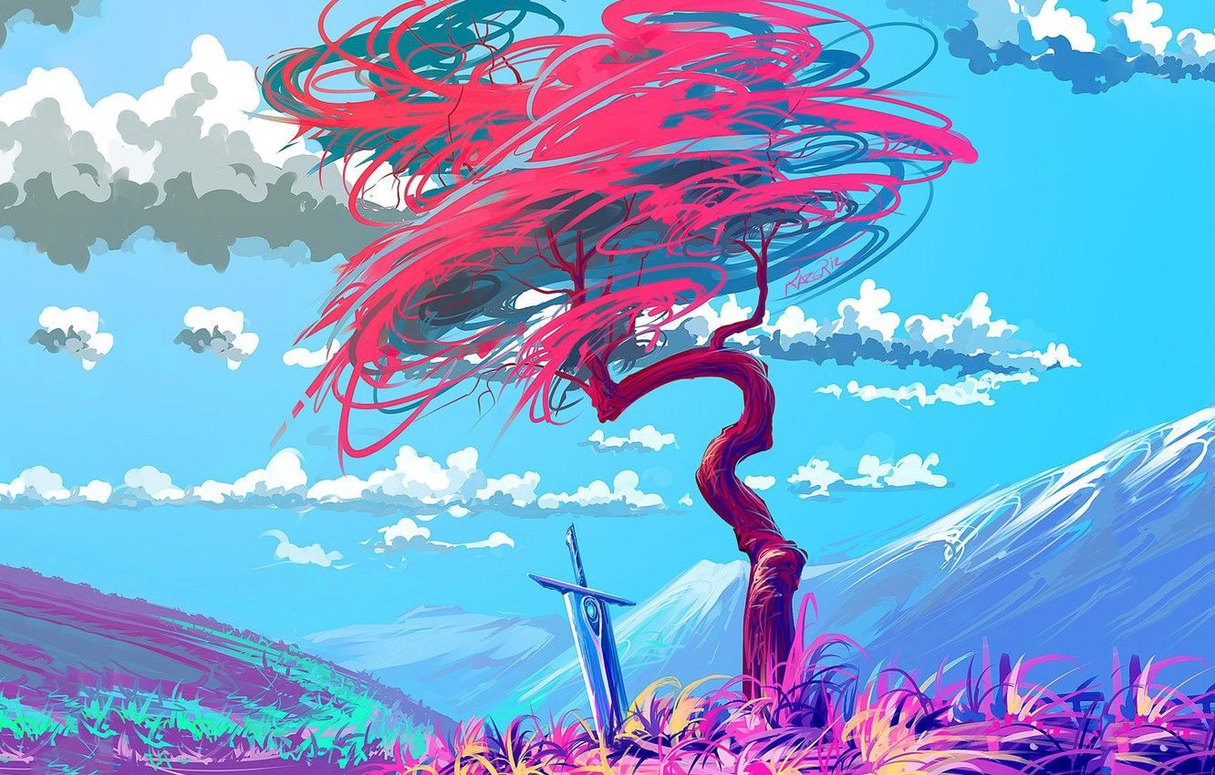 Wallpaper colorful, sword, fantasy, sky, art, clouds, mountain, tree, artist, digital art, artwork, fantasy art, painting art, creativity, fantasy landscape, Roman Avseenko image for desktop, section арт