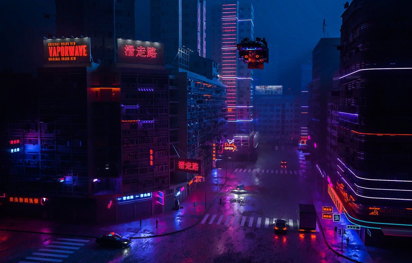 Wallpaper Night, The city, Street, Style, Machine, Building, Style, Fiction, Neon, Rendering, Illustration, Transport, Cyber, Cyberpunk, Synth, Retrowave image for desktop, section рендеринг