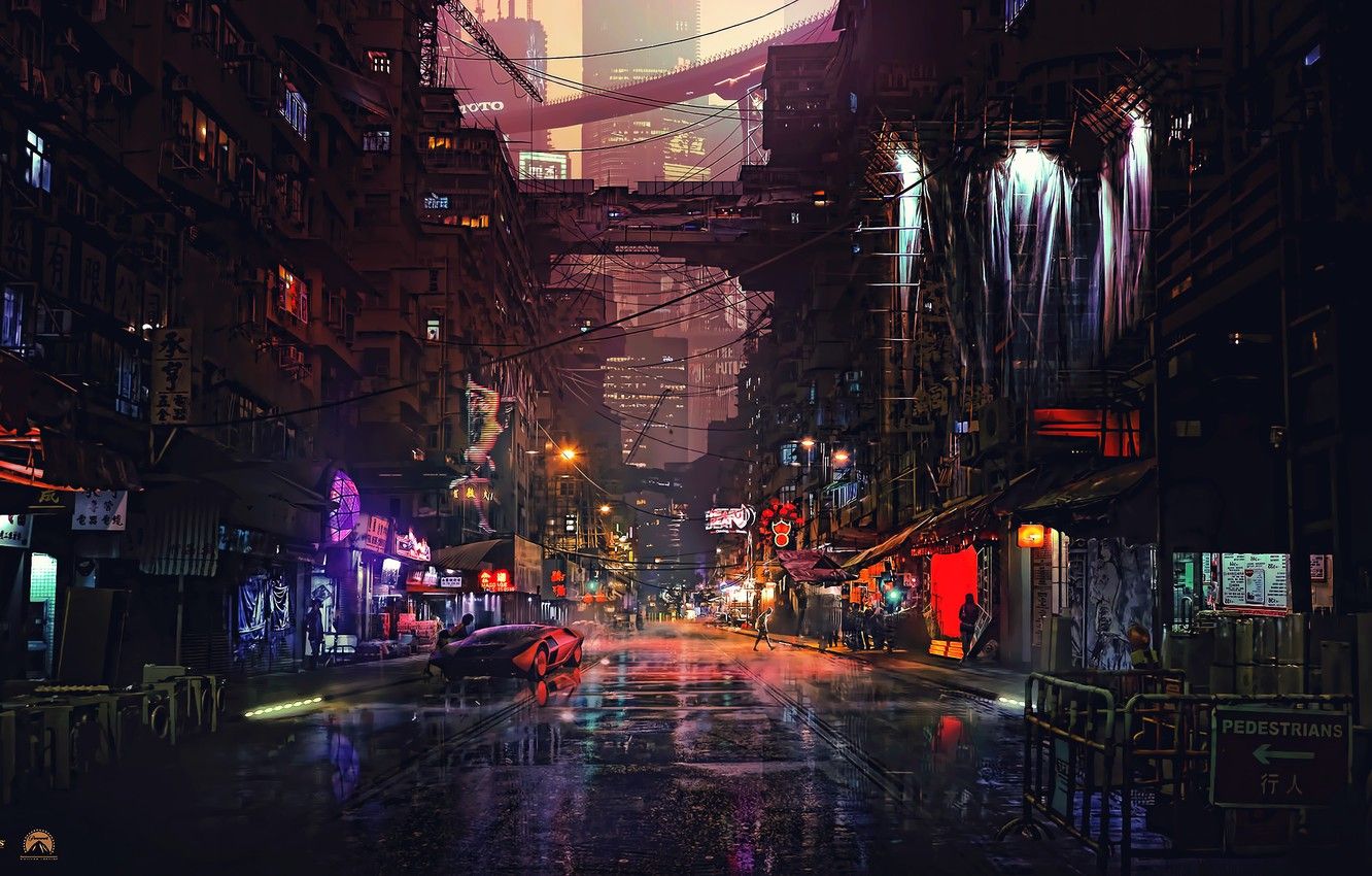 Wallpaper The city, Future, Neon, Machine, Street, People, Quarter, Building, Fiction, Puddles, Cyber image for desktop, section фантастика