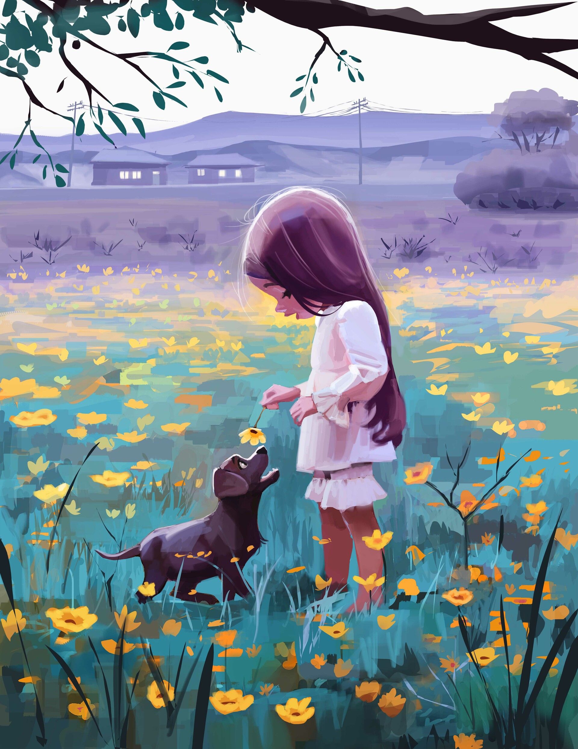 Download wallpaper 1920x2487 girl, dog, flowers, pet, cute HD background