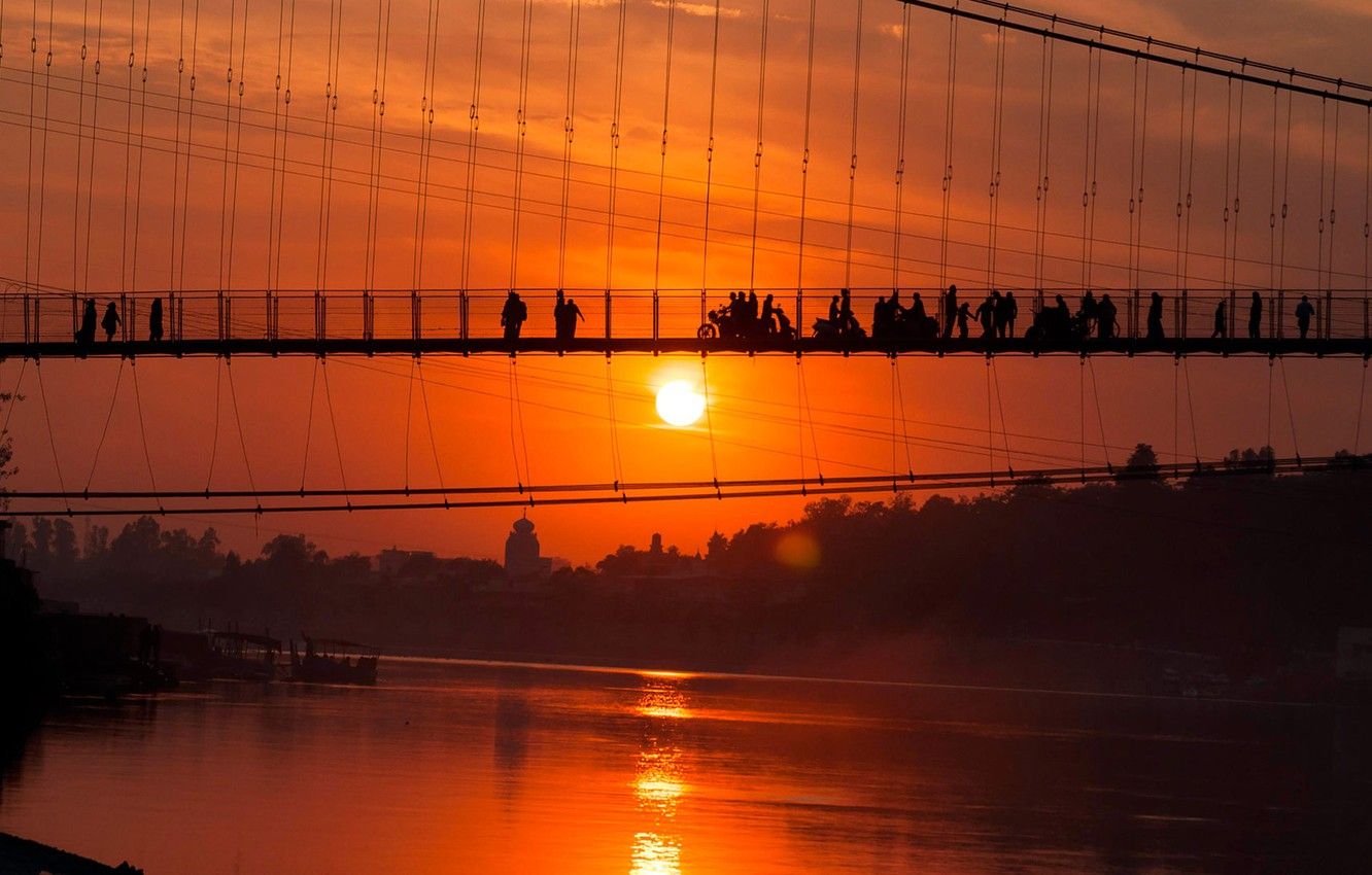 Wallpaper the sun, sunset, bridge, river, India, Ganges, Rishikesh image for desktop, section пейзажи