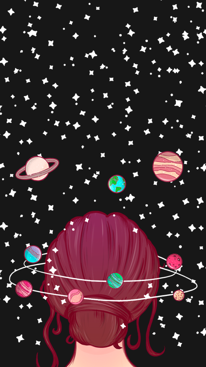 Cartoon Image Of Girl With Red Hair In Bun Space Wallpaper Hd Planets Circling Aorund Her Head. Art Wallpaper Iphone, Cute Wallpaper, Cute Wallpaper Background