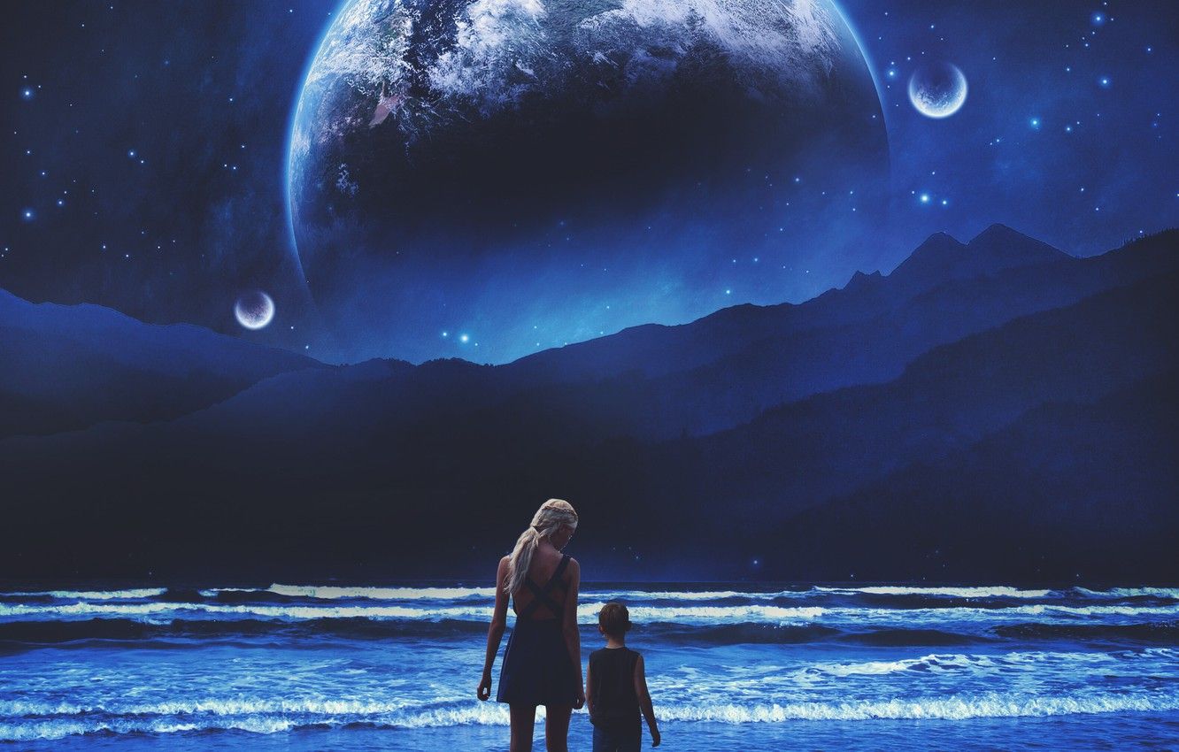 Wallpaper sea, beach, girl, space, mountains, night, fiction, mood, romance, planet, boy, starry sky, other worlds, alien landscape image for desktop, section фантастика