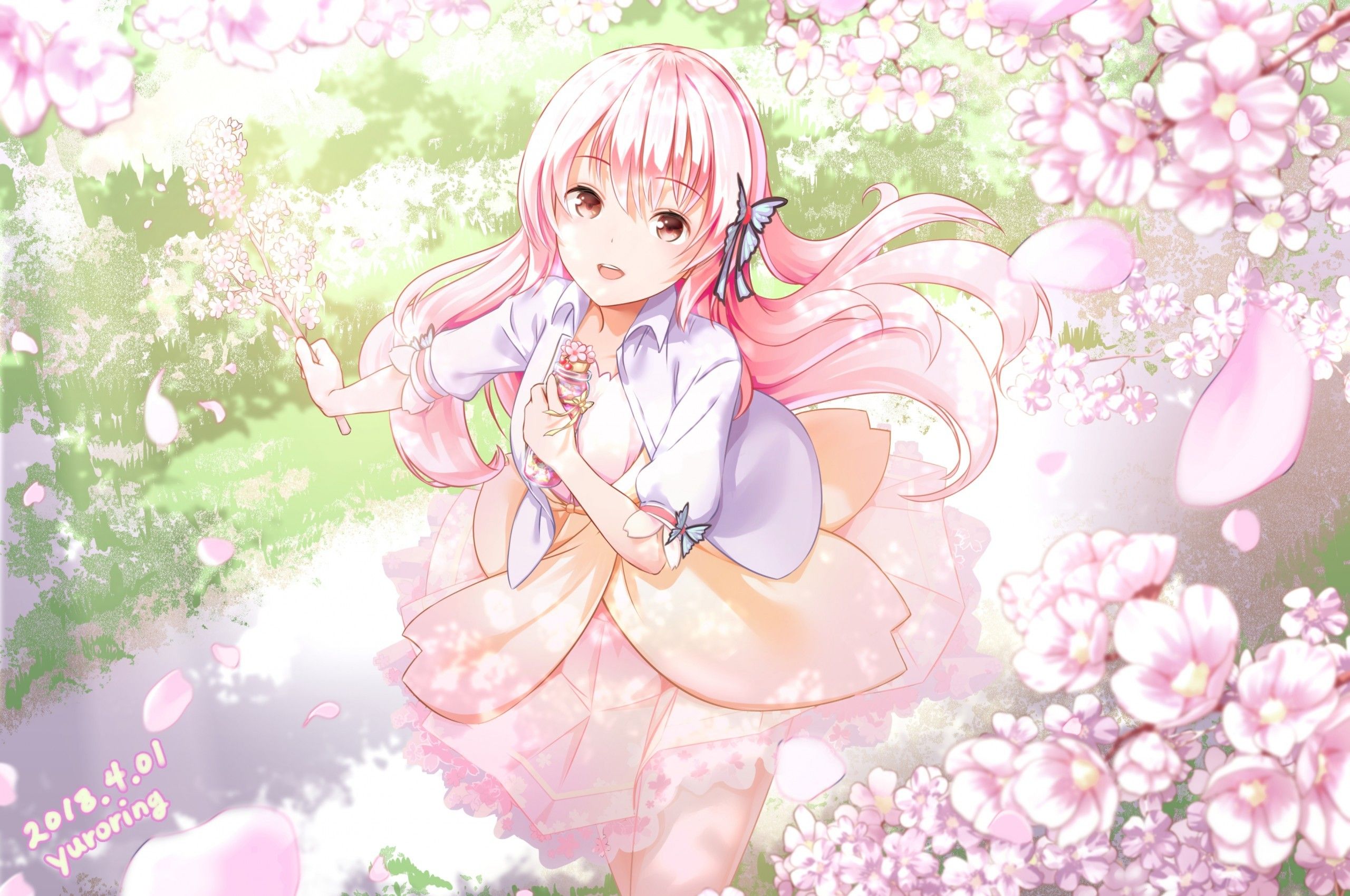 Download 2560x1700 Anime Girl, Sakura Blossom, Pink Hair Wallpaper for Chromebook Pixel