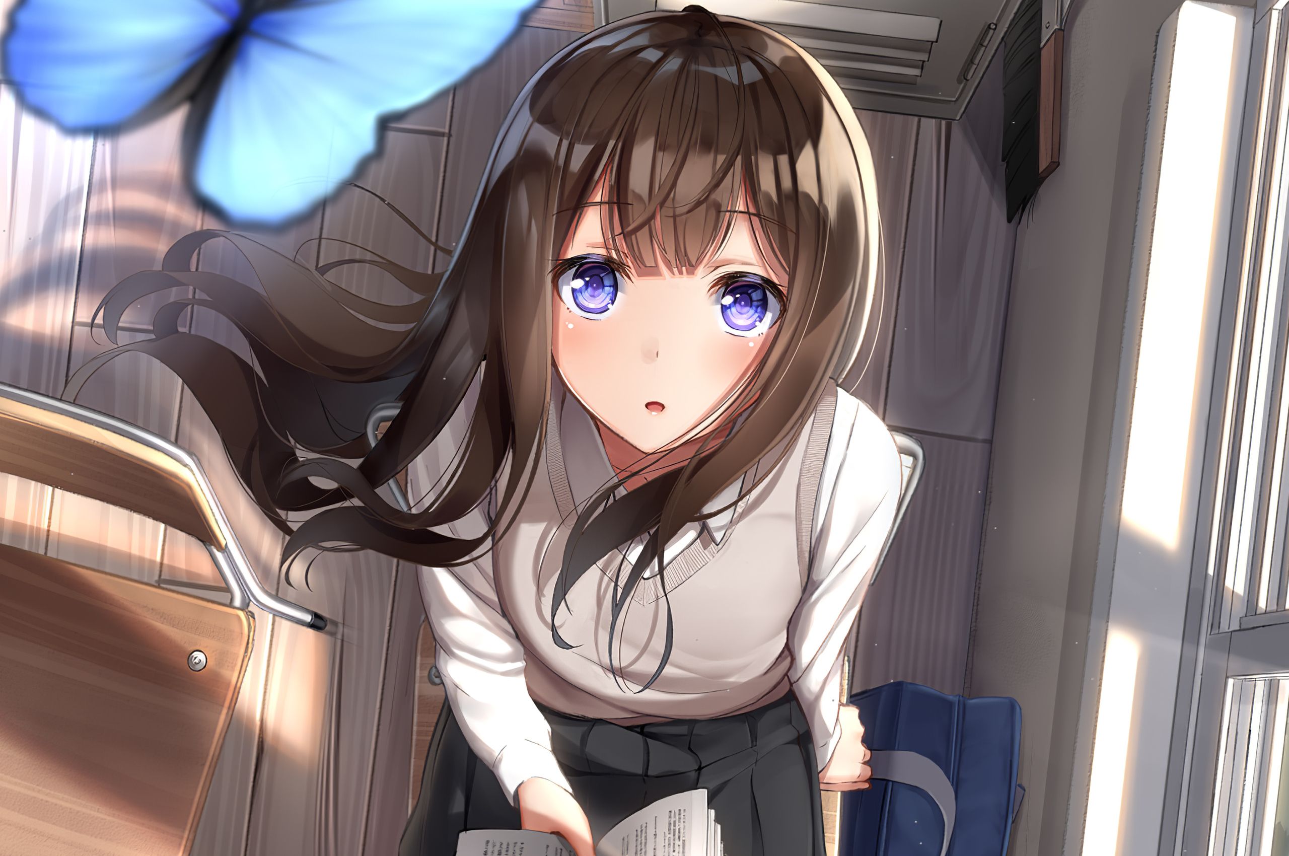 2560x1700 Anime Girl School Looking Upward Butterfly 4k Chromebook Pixel HD...