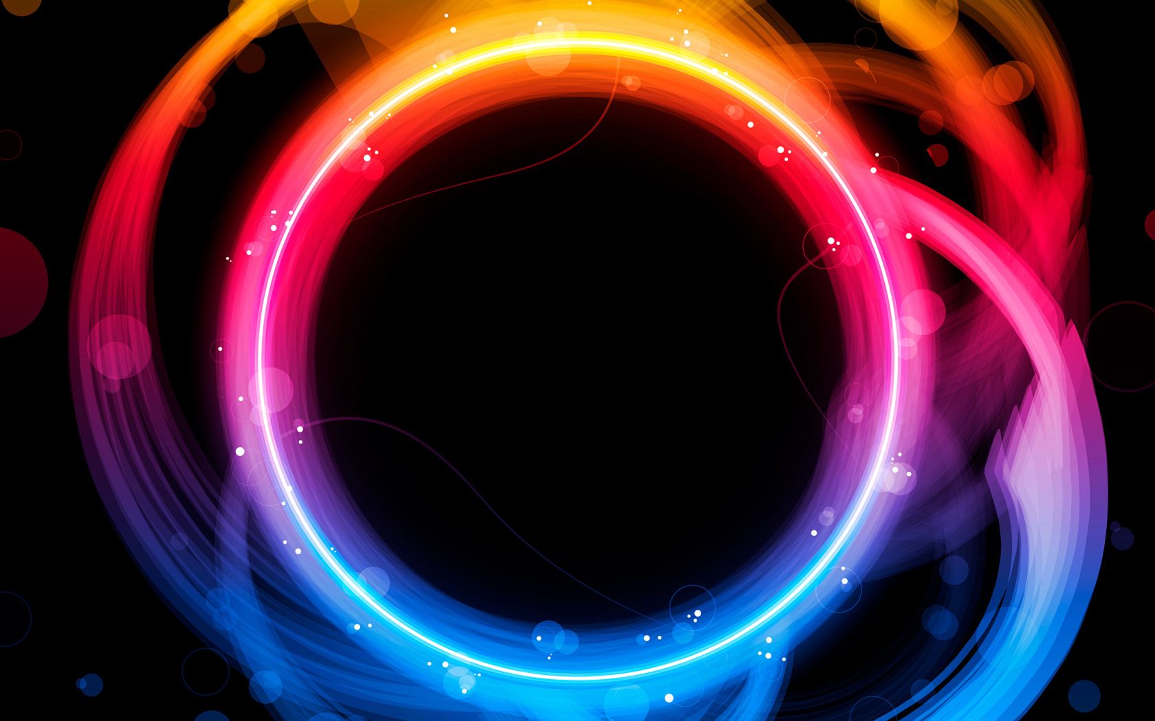 Multicolored neon circles with highlights on a black background Desktop wallpaper 1680x1050