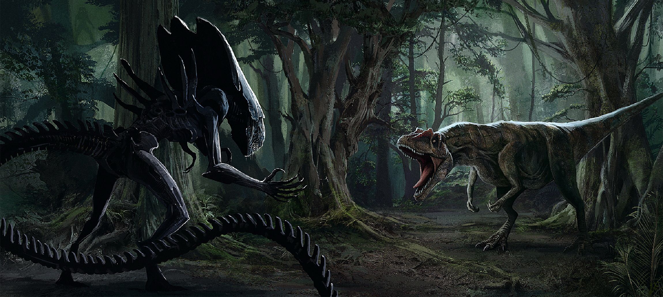 Photo Dinosaurs Monsters Alien. Allosaurus Two Fantasy 2300x1031