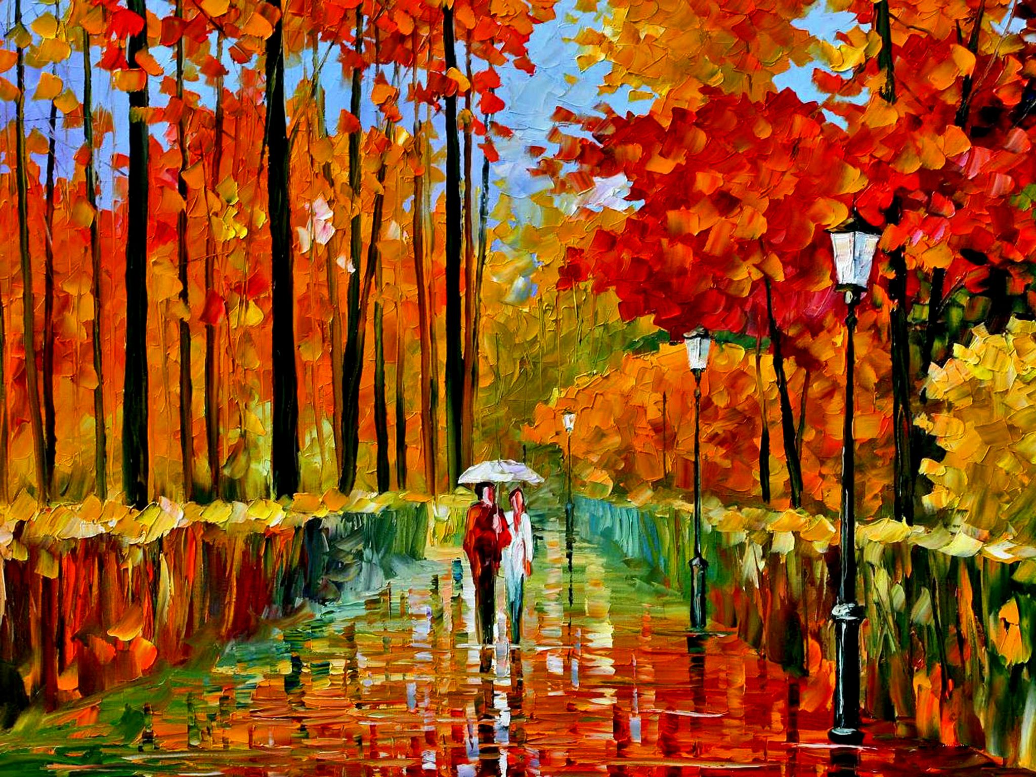 red, painting, autumn, rain, artistic wallpaper