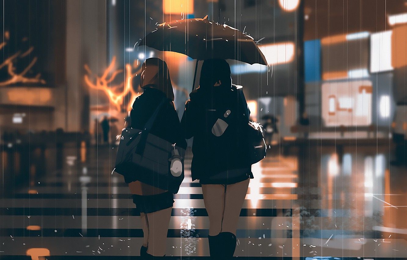 Wallpaper rain, street, the evening, Japan, lights, bag, Schoolgirls, wet asphalt, keychain, friend, crosswalk, from the back, under the umbrella, two girls, city image for desktop, section арт