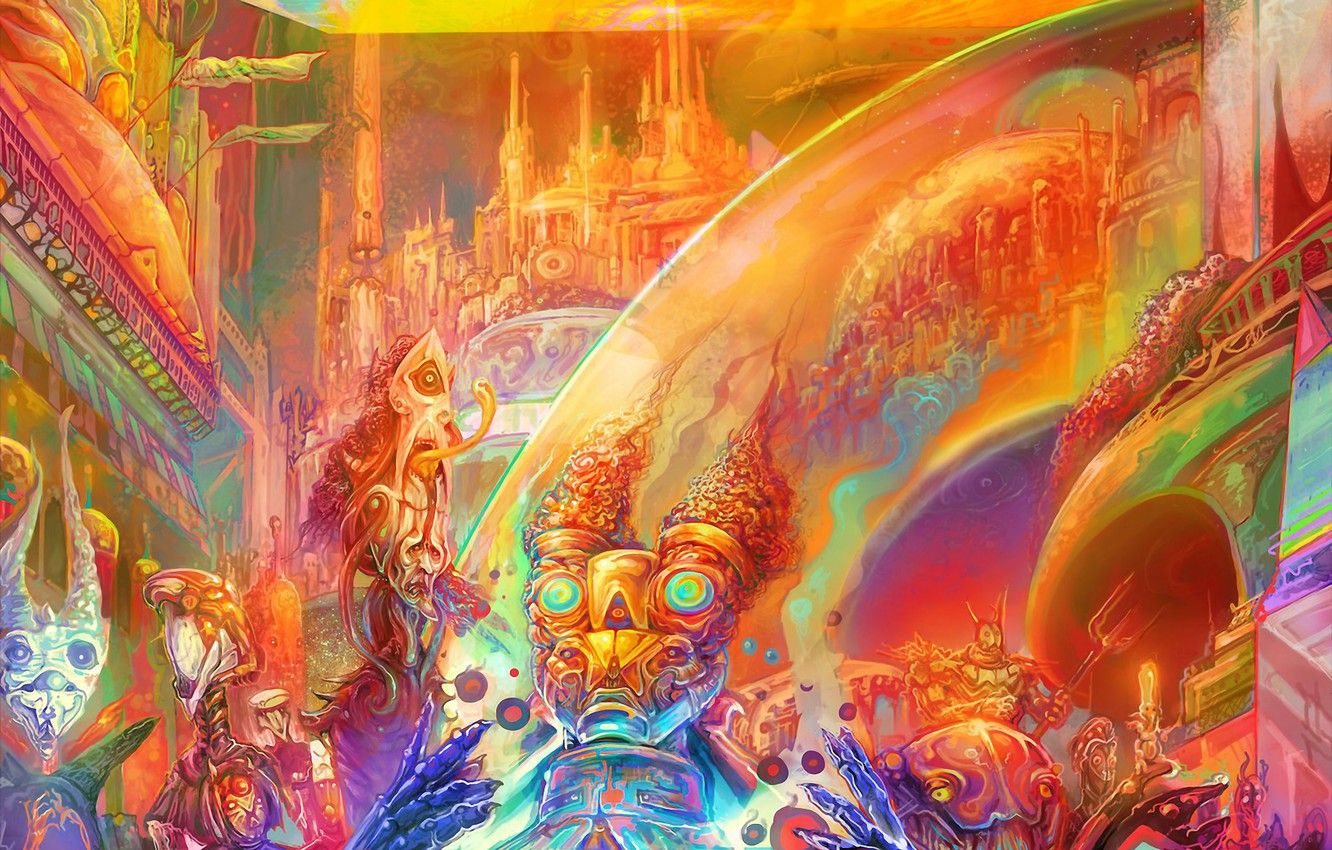 Wallpaper the city, rainbow, fantasy, art, creatures, psychedelic, psy, alien, more stars image for desktop, section фантастика