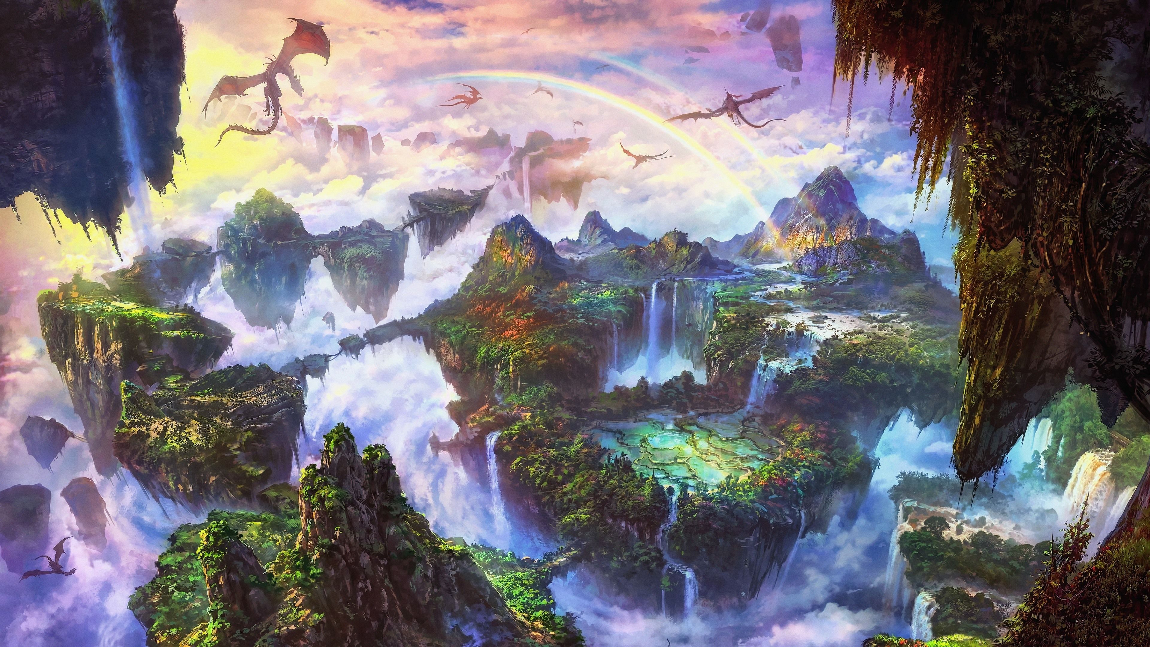 Wallpaper Beautiful fantasy world, rainbow, dragon, mountains, waterfall 3840x2160 UHD 4K Picture, Image