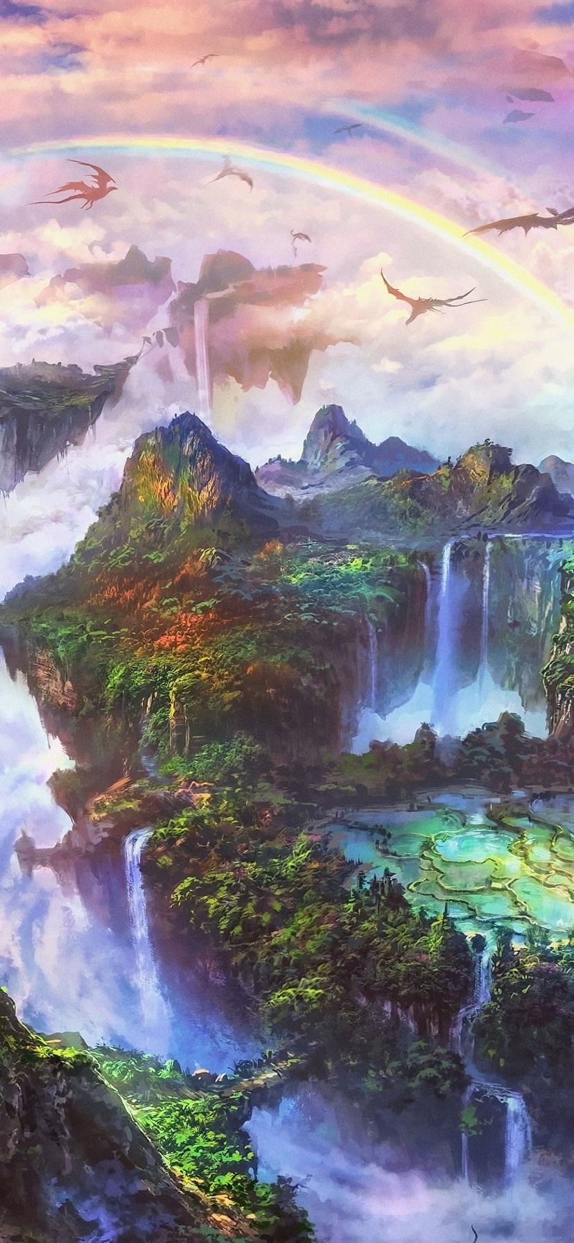 Beautiful Fantasy World, Rainbow, Dragon, Mountains, Waterfall 1080x1920 IPhone 8 7 6 6S Plus Wallpaper, Background, Picture, Image
