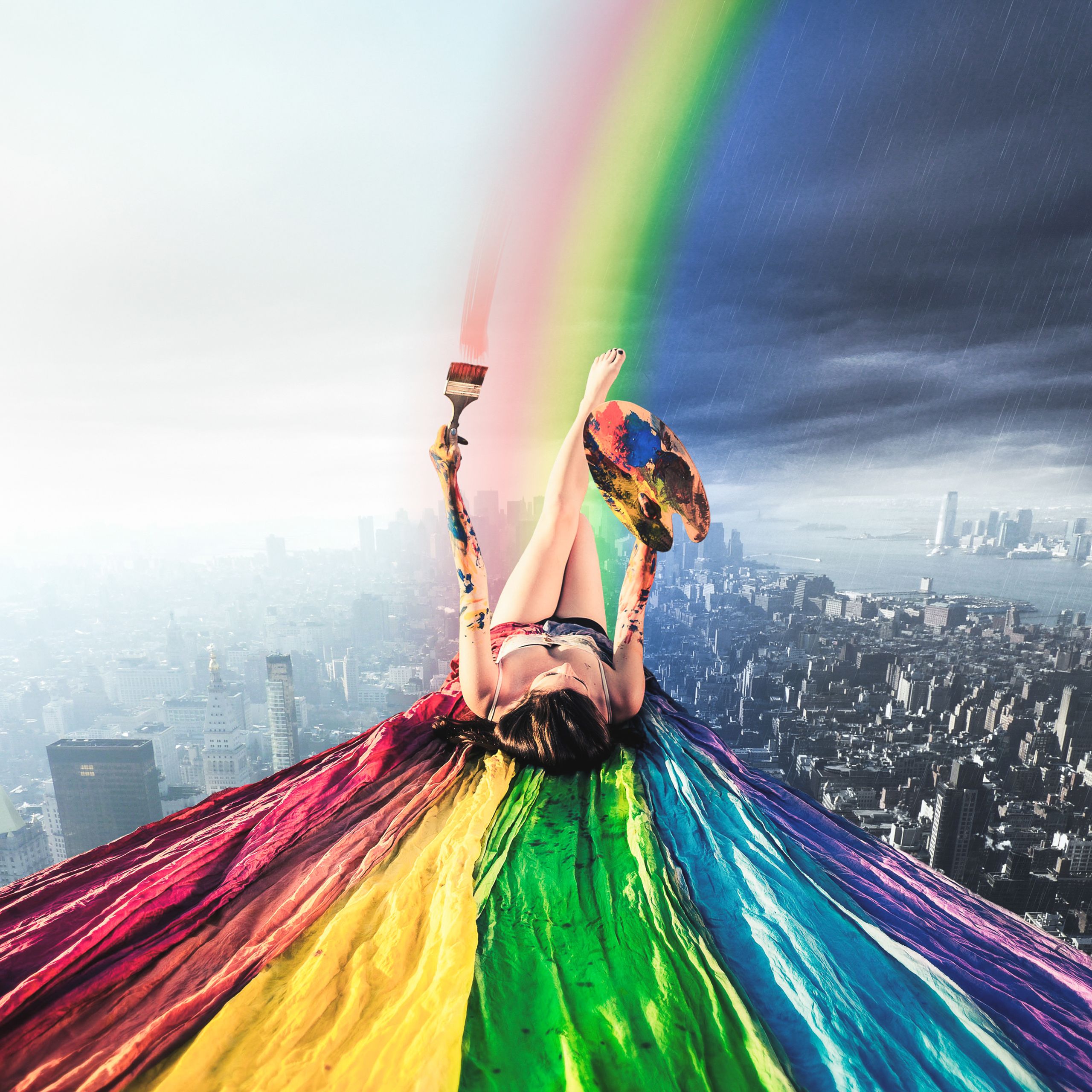 Wallpaper Rainbow, Girl, Paint, Cityscape, Surreal, Dream, HD, Fantasy,. Wallpaper for iPhone, Android, Mobile and Desktop