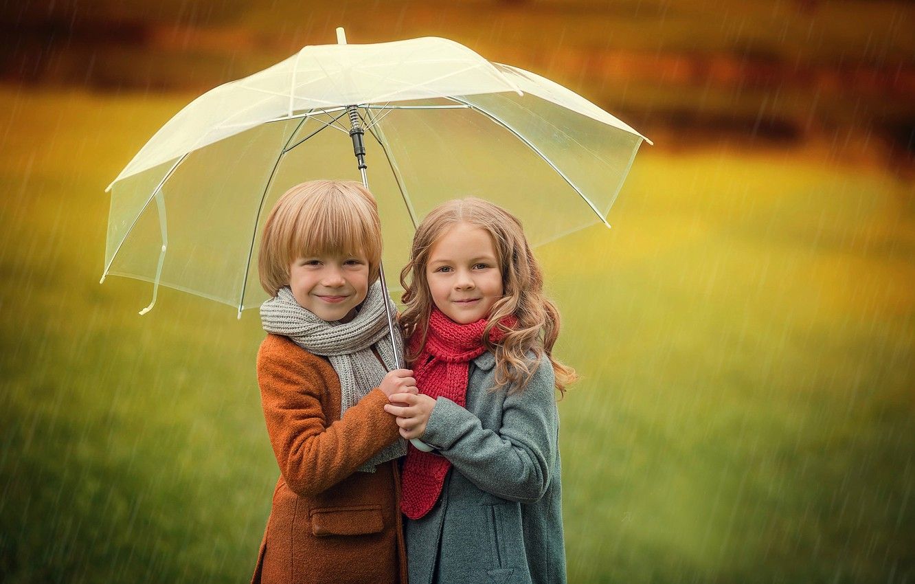 Wallpaper autumn, children, umbrella, boy, girl image for desktop, section настроения