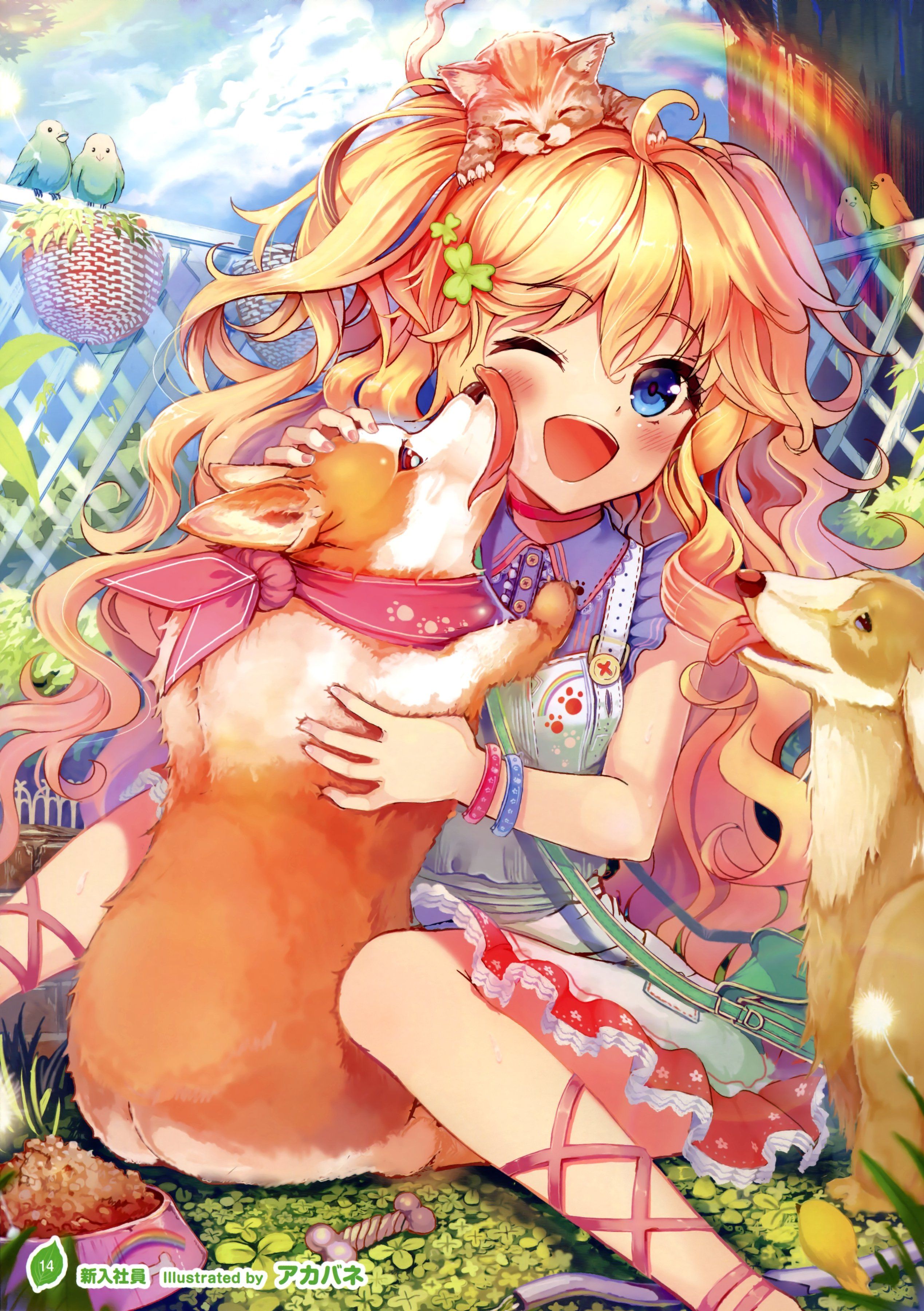 Animal anime sweet cute girl dog pink color flower birds wallpaperx3600