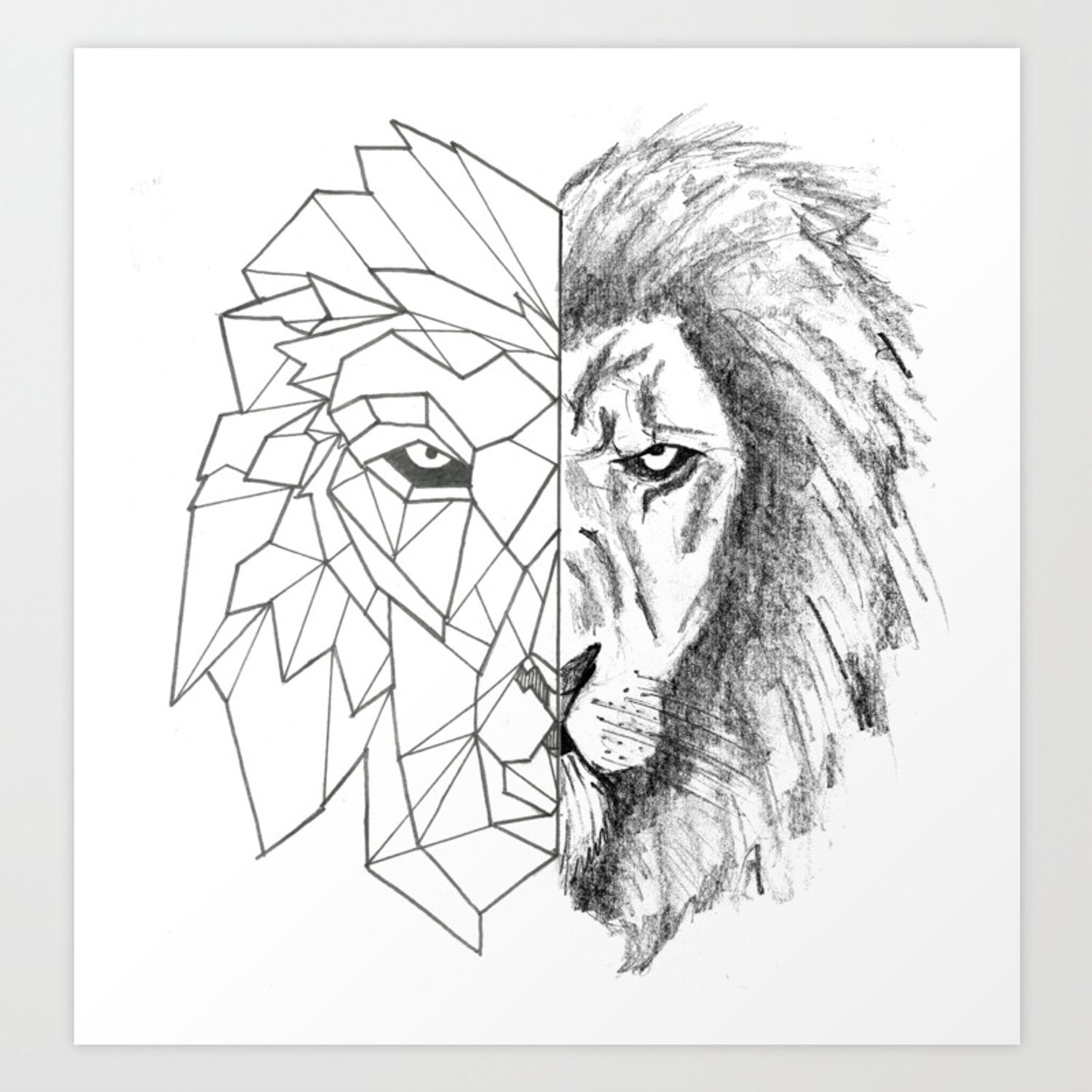 Half Geometric Lion Head Art Print
