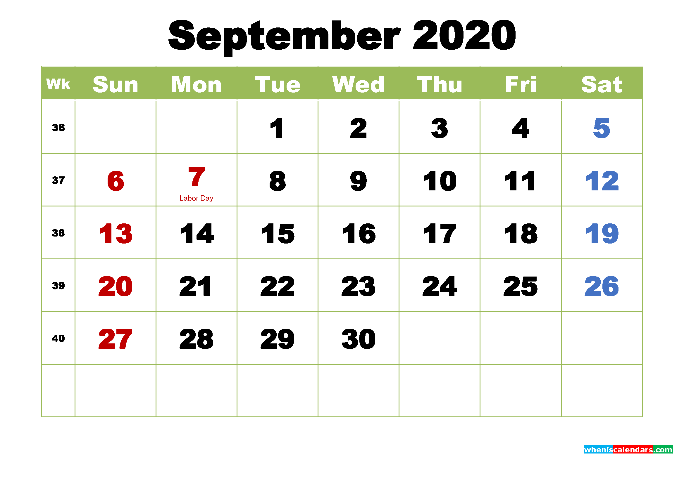 September 2020 Calendar with Holidays Wallpaper