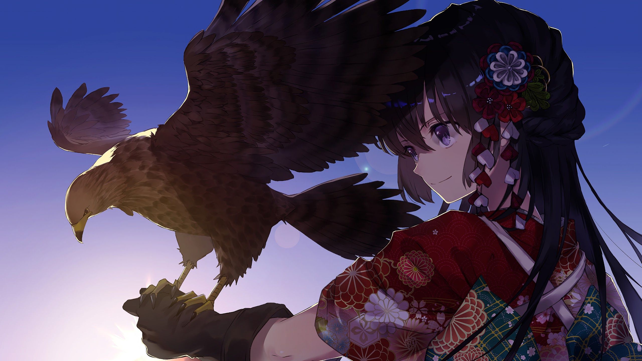 Anime Girl Bird Falcon Animal 4K Wallpaper