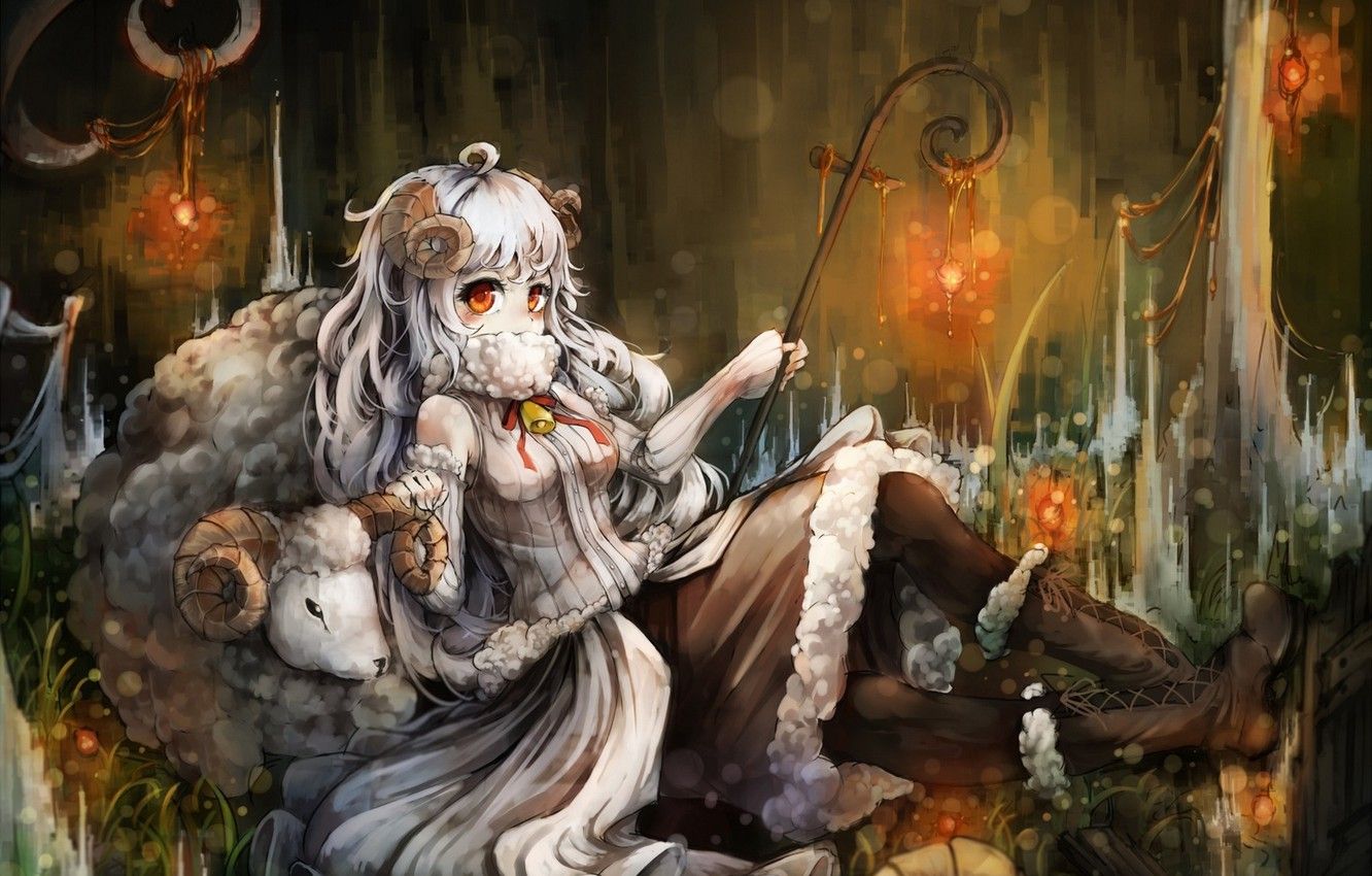 Wallpaper girl, animal, anime, art, horns, sheep, kajane of the latter image for desktop, section сэйнэн