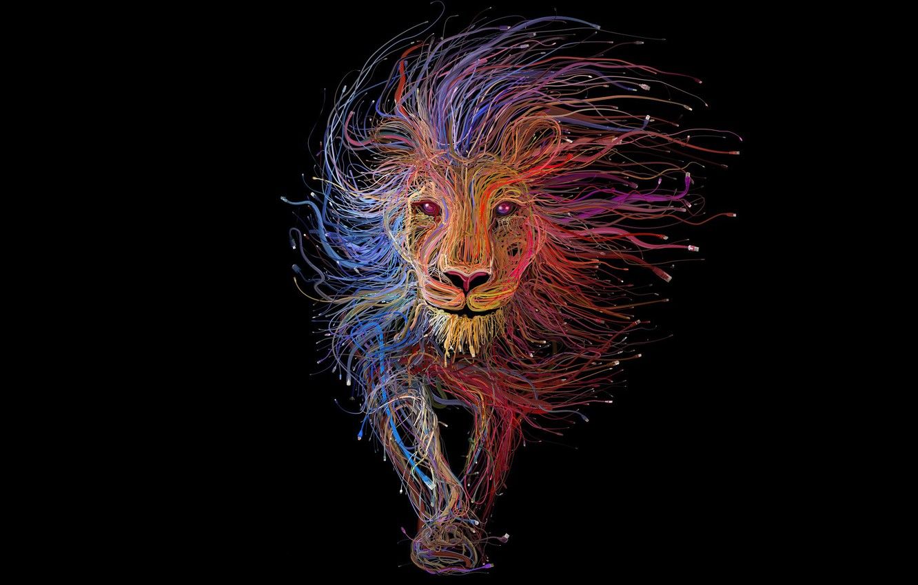 Wallpaper colors, colorful, USB, animals, art, background, Lion, rendering, digital art, artwork, black background, wires image for desktop, section рендеринг