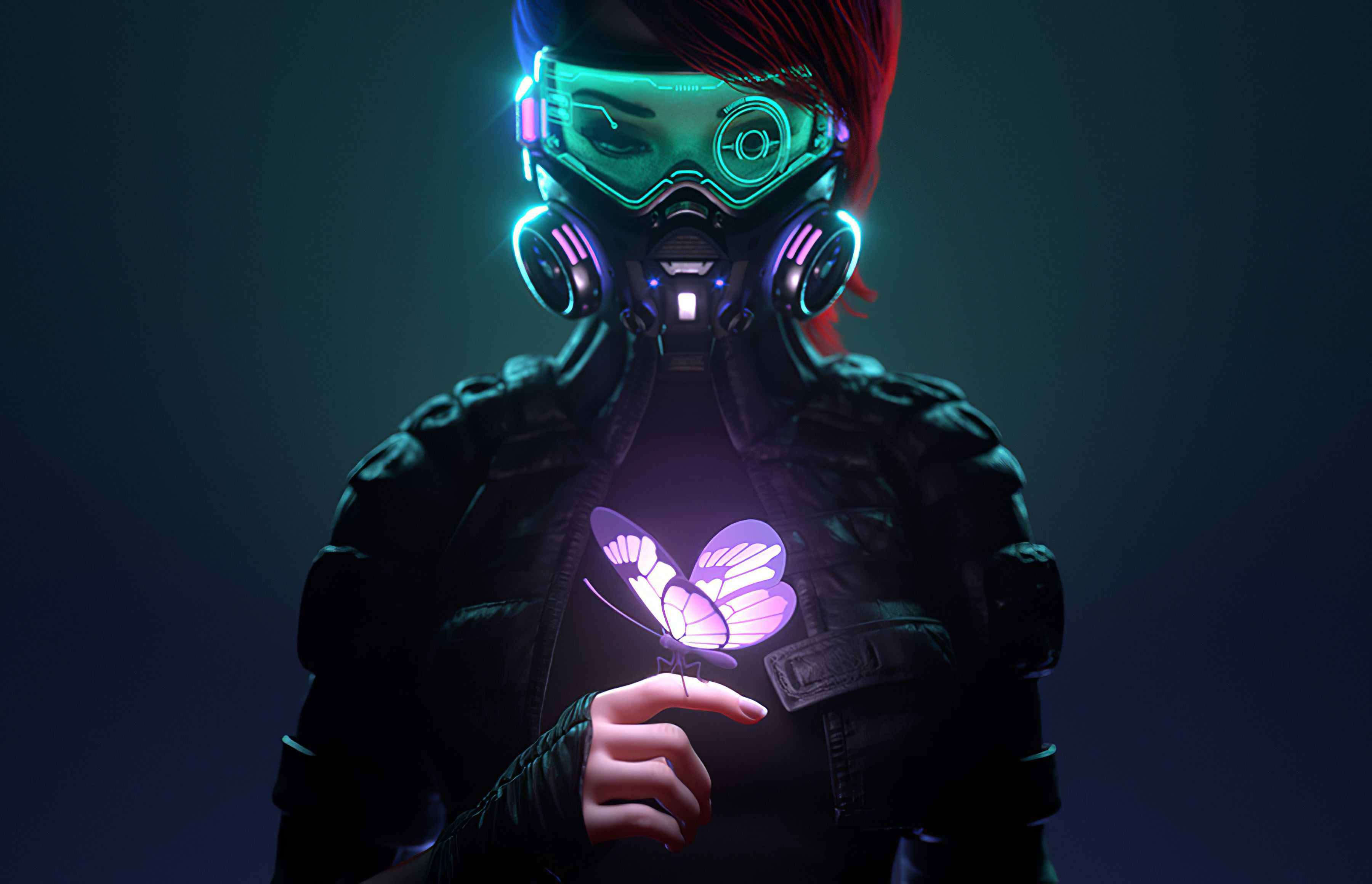 Cyberpunk Girl In A Gas Mask Looking At The Glowing Butterfly Landed On Her Finger 4k 720P HD 4k Wallpaper, Image, Background, Photo and Picture