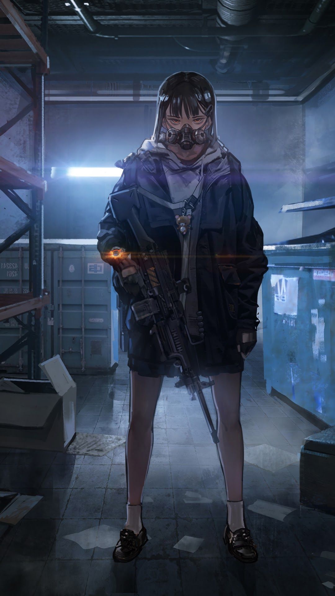 Anime Girl Gas Mask Rifle 8K Wallpaper