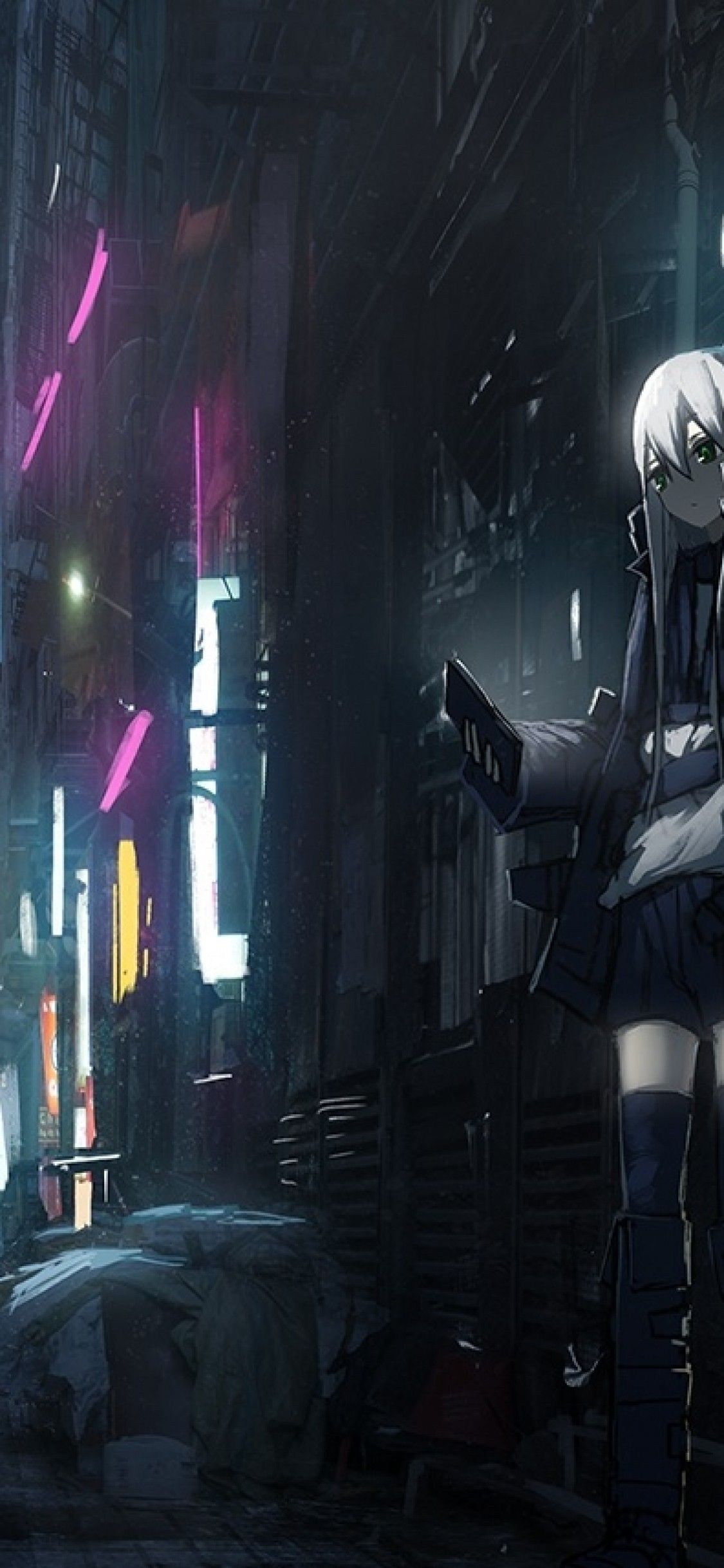 Download 1125x2436 Anime Dark City, Skyscrapers, Back Streets, Girl, People, Neon Lights Wallpaper for iPhone 11 Pro & X