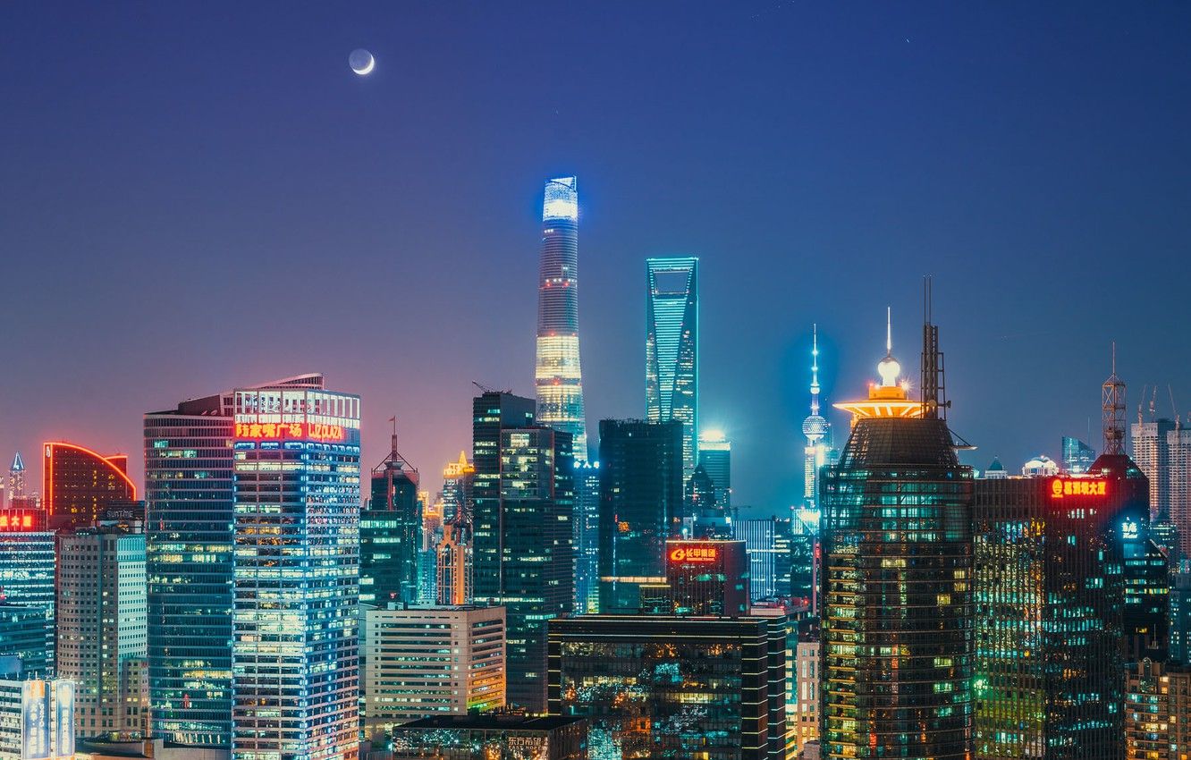 Wallpaper the sky, night, lights, city, the moon, horizon, China, Shanghai, Oriental Pearl Tower, Shanghai Tower, Shanghai World Financial Center image for desktop, section город