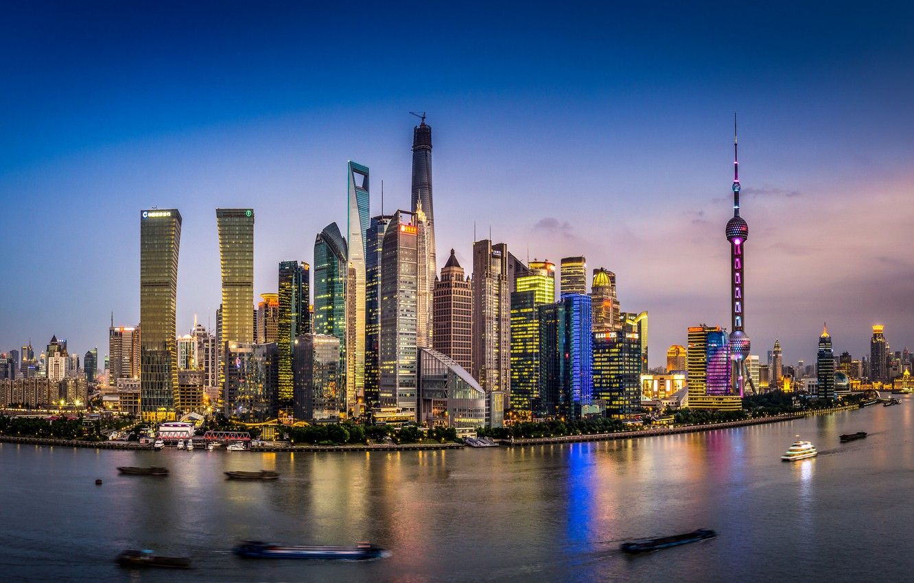 Wallpaper the sky, clouds, boats, China, Shanghai, twilight, Oriental Pearl Tower, Shanghai Tower, Jin Mao Tower, Shanghai World Financial Center, The Huangpu River, Bund Center image for desktop, section город