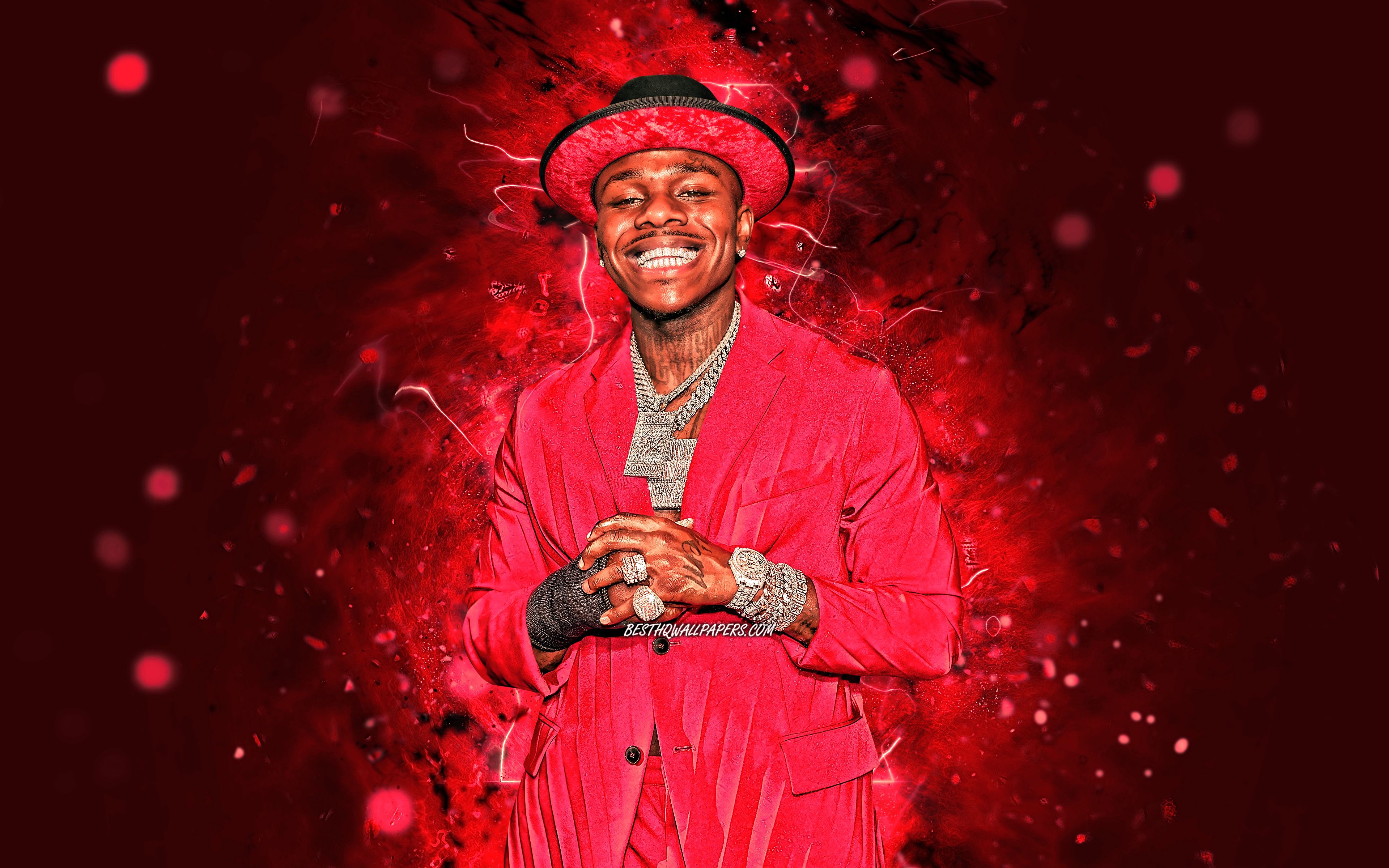 Download wallpaper 4k, DaBaby, american rapper, red costume, music stars, creative, Jonathan Lyndale Kirk, red neon lights, american celebrity, DaBaby 4K for desktop with resolution 3840x2400. High Quality HD picture wallpaper