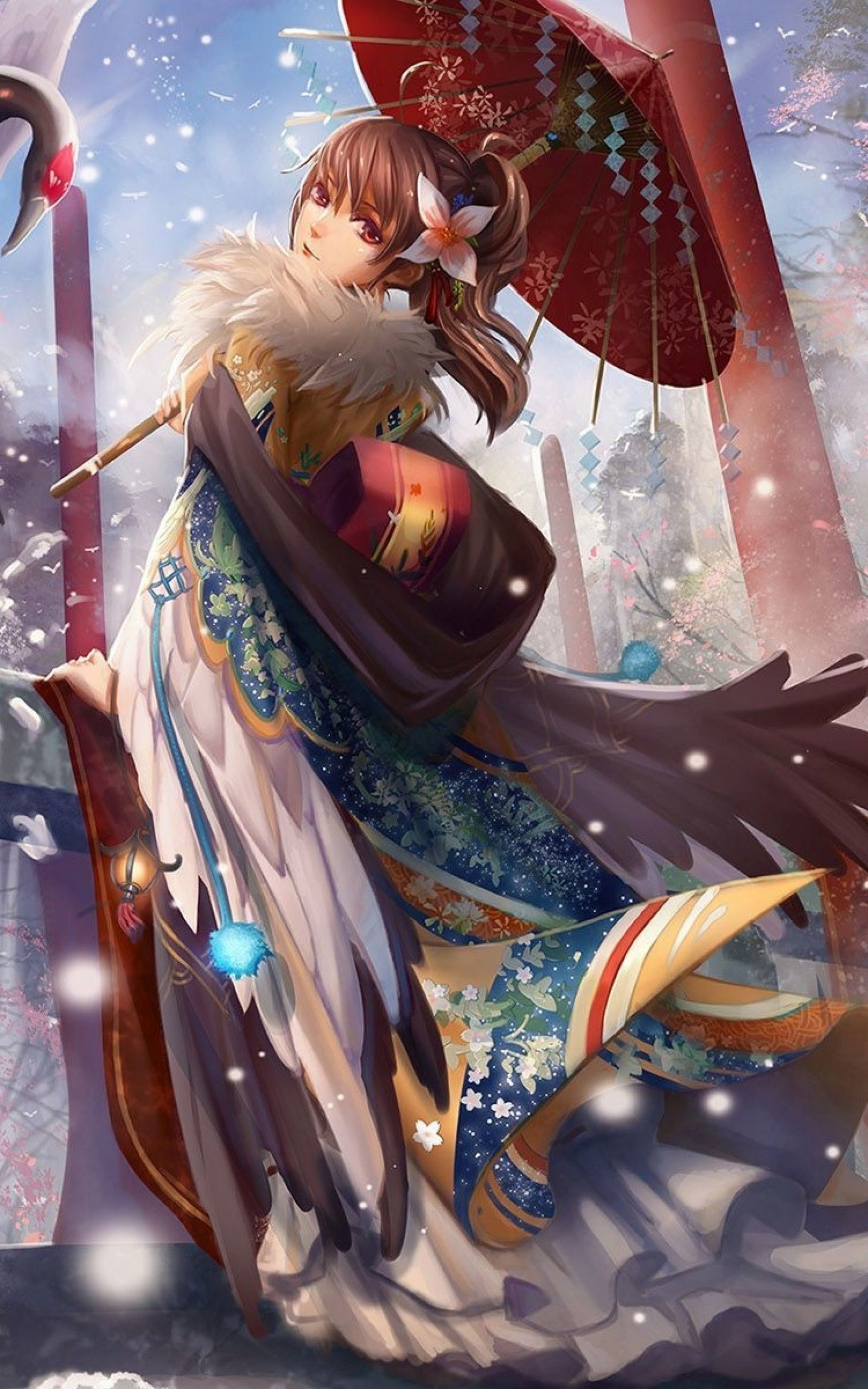 Download 1600x2560 Chinese Anime Girl, Umbrella, Chinese Outfit, Snow, Sakura Blossom Wallpaper for Google Nexus 10