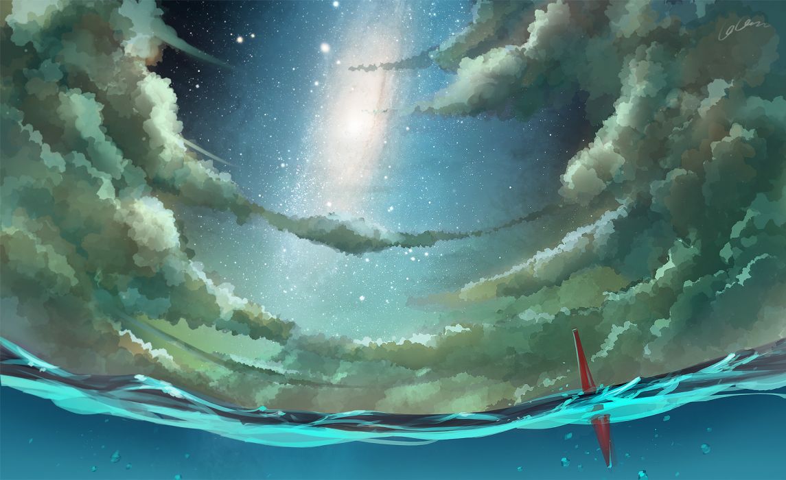 Madcocoon original scenic ocean sea sky stars clouds moon anime wallpaperx1100