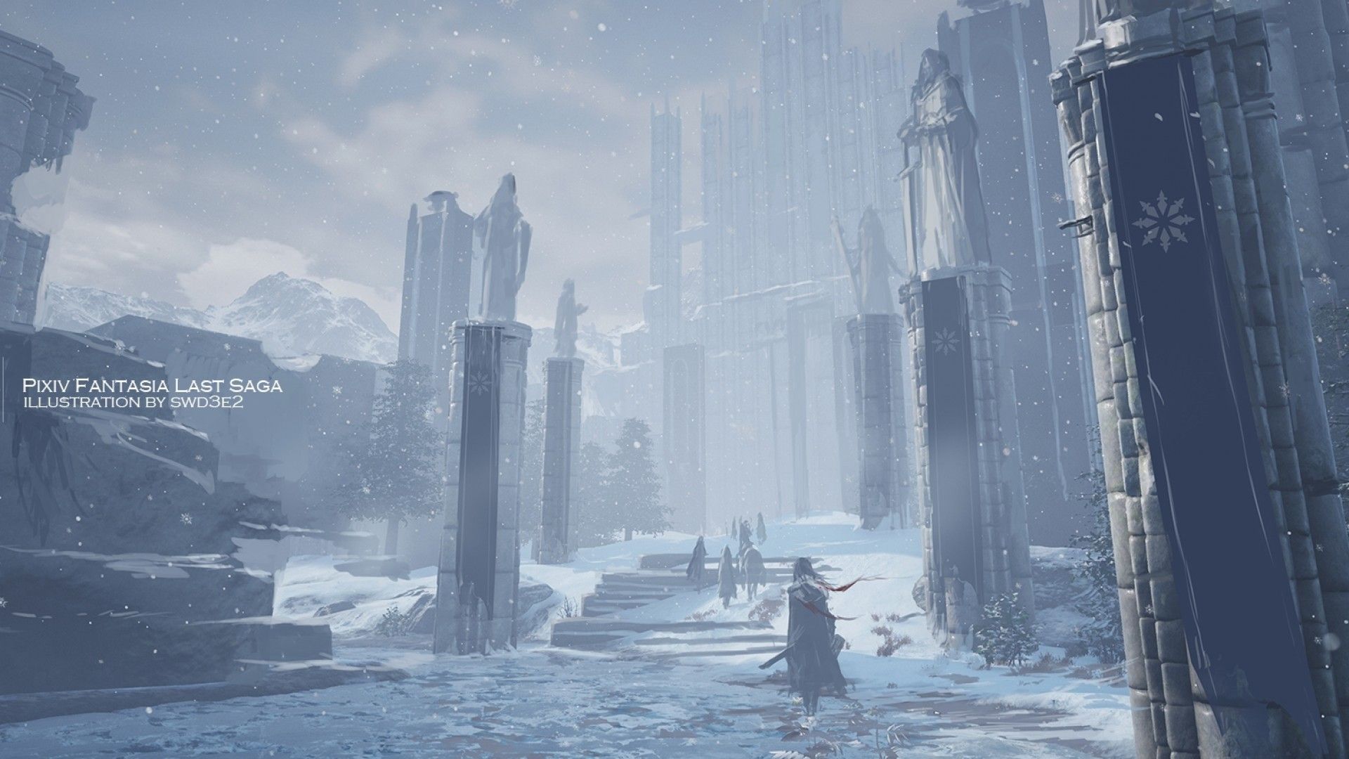 Download 1920x1080 Anime Girl, Fantasy World, Winter, Snow, Painting, Artwork Wallpaper for Widescreen