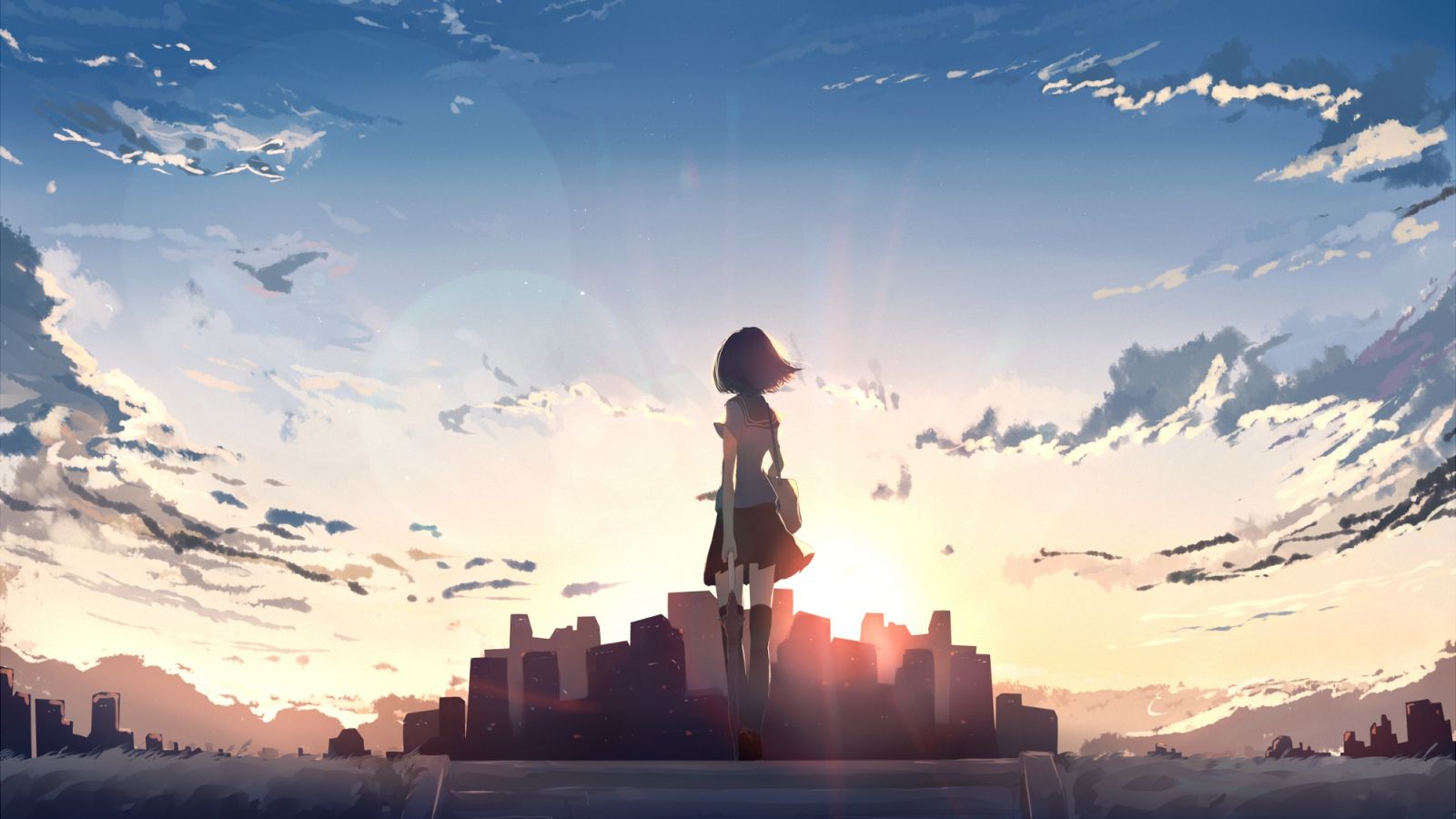 Wallpaper Alone, Anime Girl, Cityscape Girl Blue Sunset HD Wallpaper