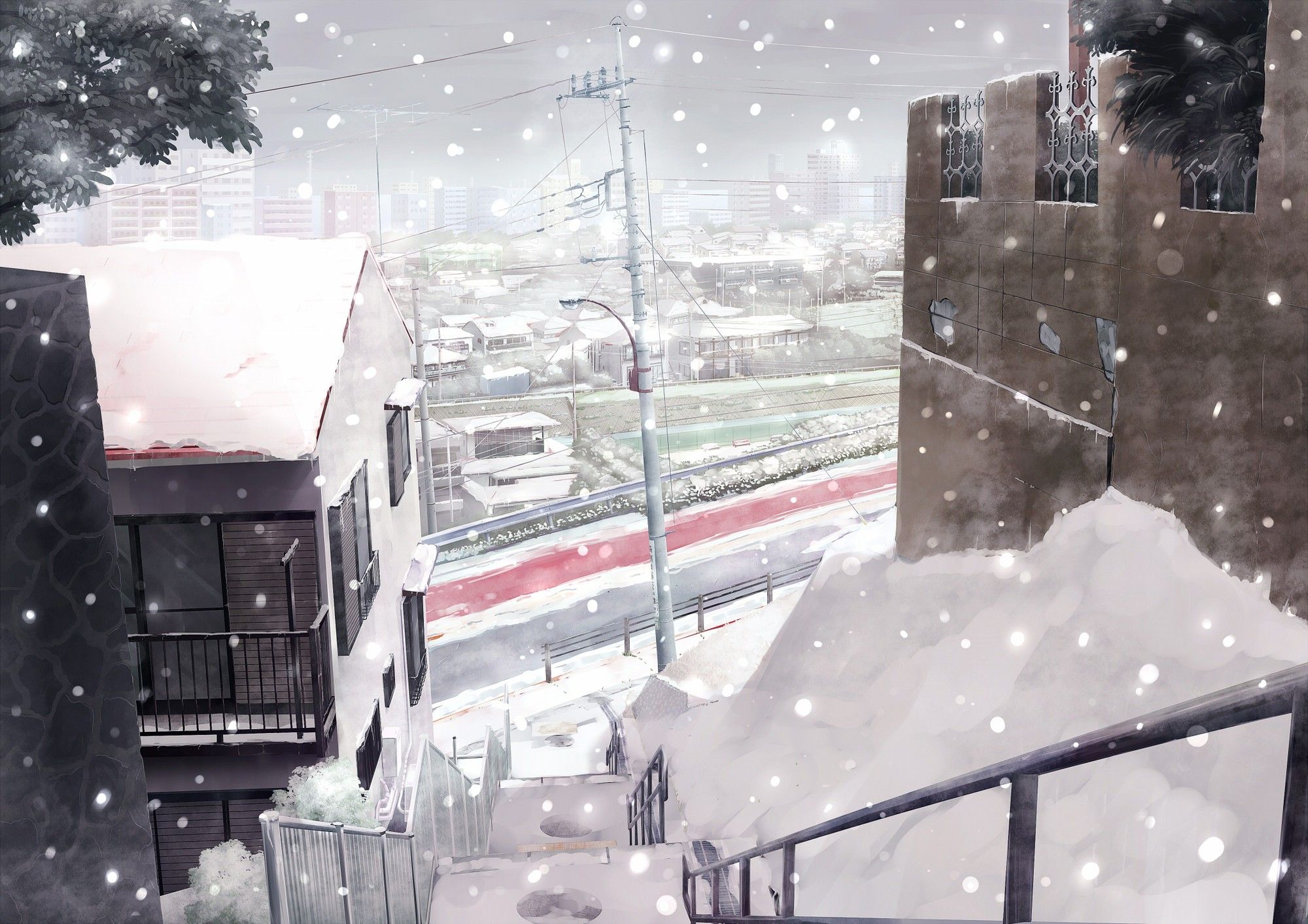 #city, #cityscape, #stairs, #winter, #anime, #snow, wallpaper. Mocah.org HD Wallpaper