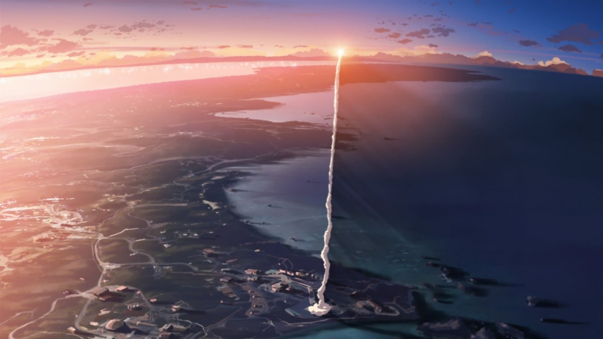 #smoke, #contrails, #anime, #movies, #screengrab, Centimeters Per Second, #sunset, #rocket, #Japan, #Makoto Shinkai, #aerial view wallpaper. Mocah.org HD Wallpaper