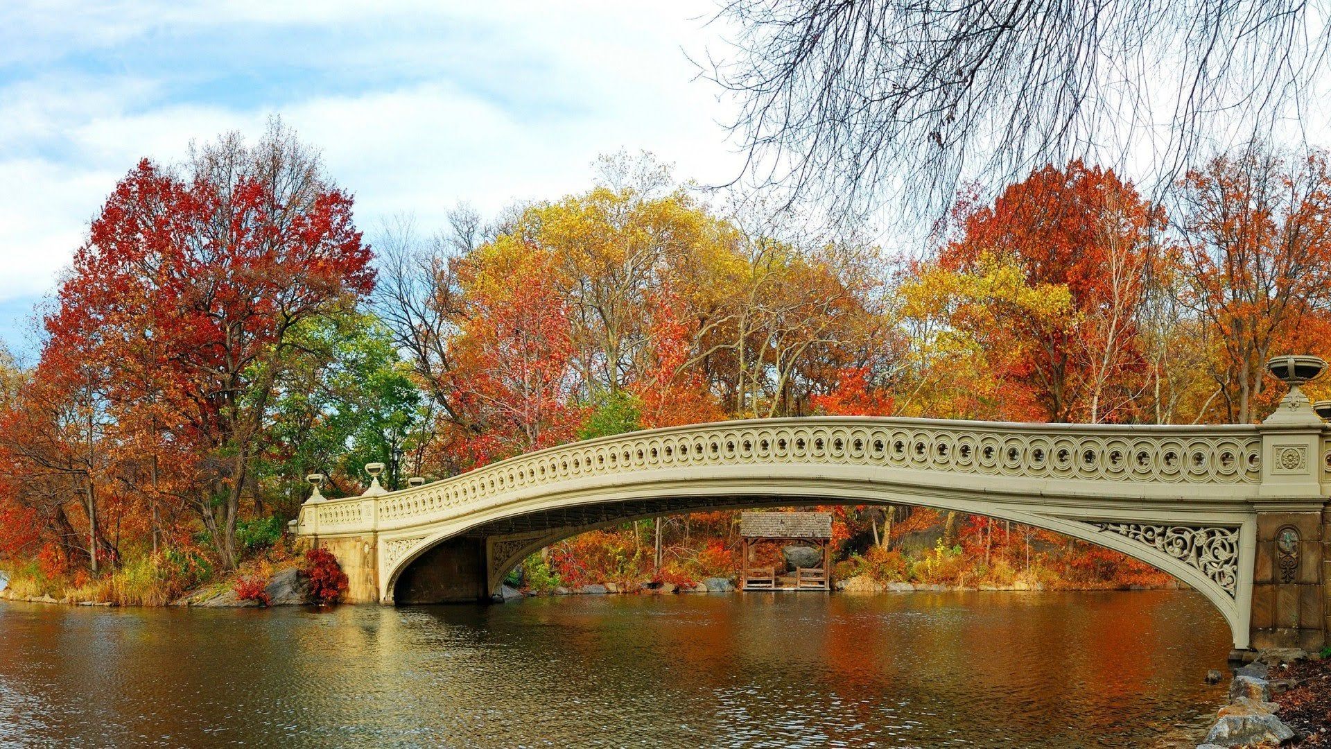 HD Beautiful Manhattan Central Park Autumn Lake Bridge Water Trees Must Visit in fall season. [1920*1080]