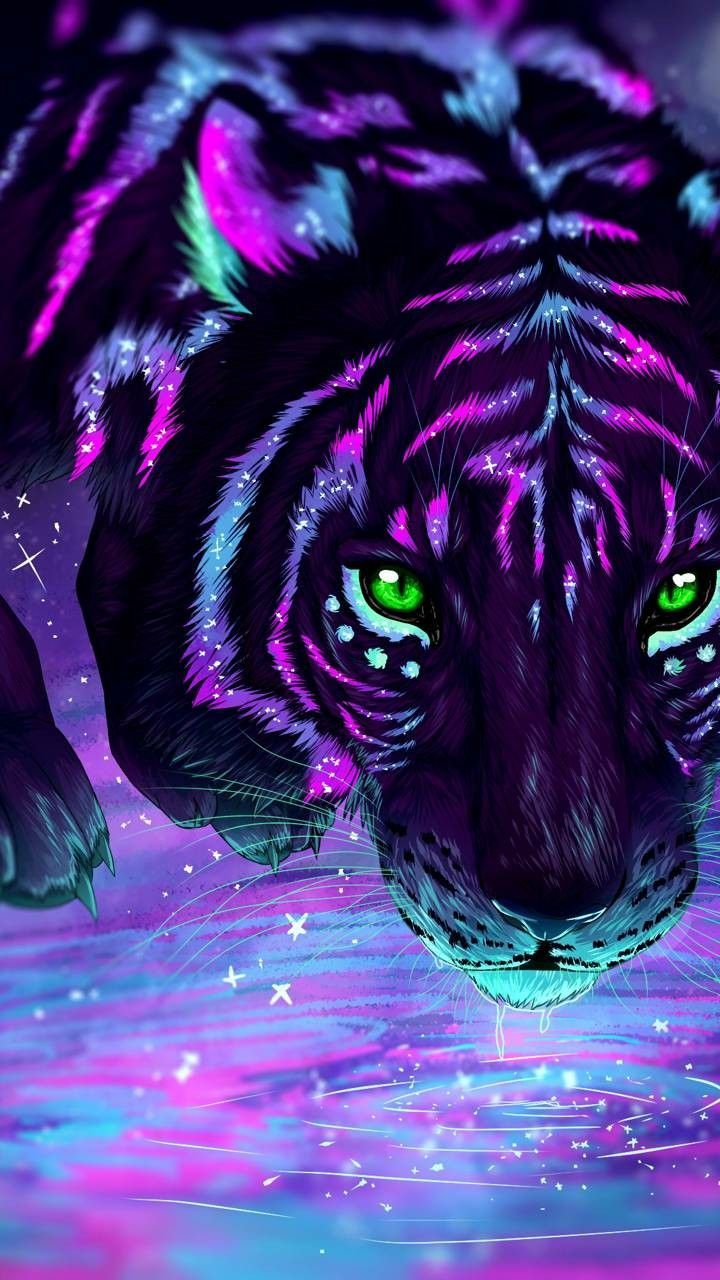 Galaxy coloured tiger with green eyes. Tiger art, Cute animal drawings, Cat art